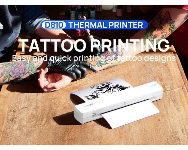 Imprimante thermique portable D810 - Connectivité sans fil et impression USB, compatible avec les téléphones mobiles, les tablettes et les ordinateurs portables, avec deux modes pour les autocollants de tatouage et le papier manuscrit thermique, idéale pour la maison, le bureau, les voyages, l'artisanat et les petites entreprises - 20 feuilles de papier d'impression thermique gratuites !
