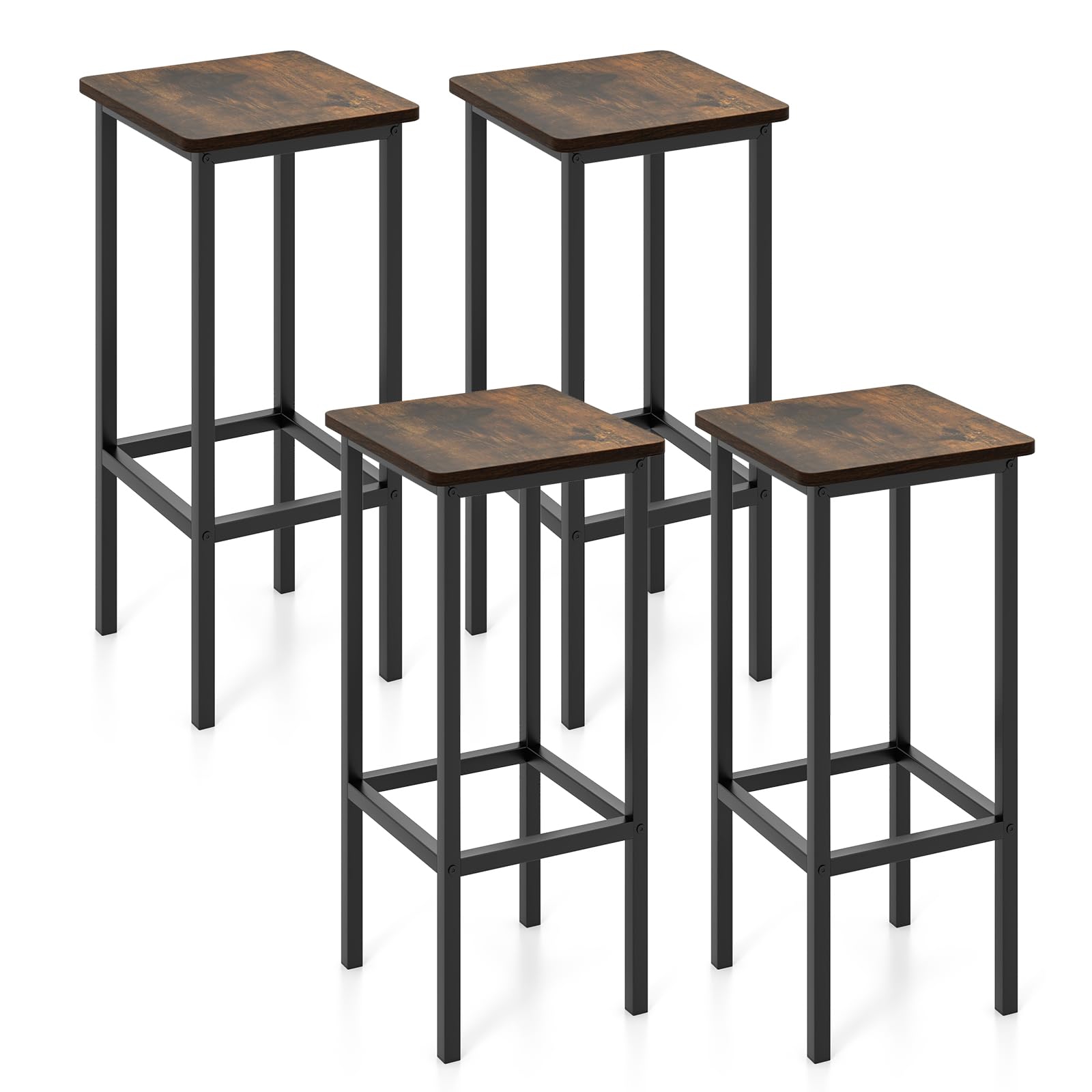 Image of Set Of 4 Bar Stool Set, 26" Bar Chair With Metal Legs And Footrest, Backless Breakfast Stool, Industrial Counter Height Stool For Kitchen And Dining Room, Rustic Brown