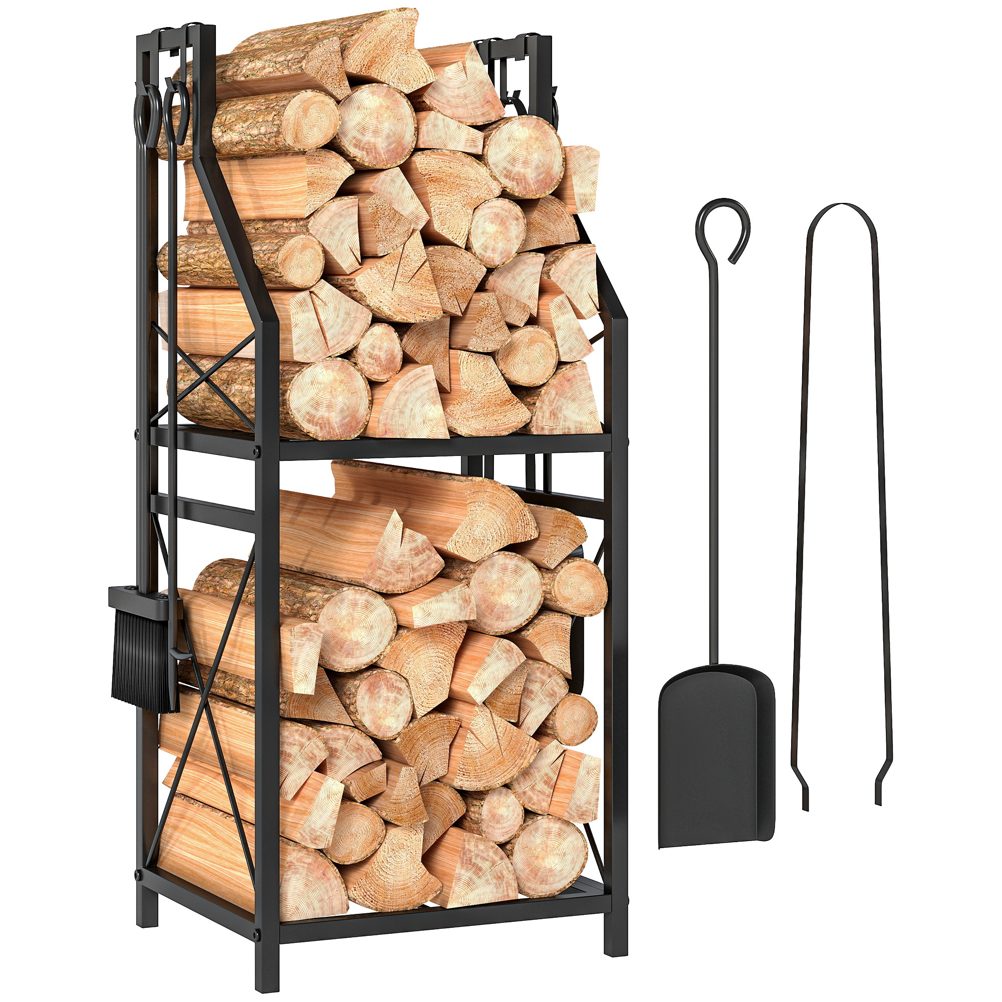 TEMU Outsunny Metal Fireplace Wood Rack, 2-tier Firewood Holder With 4 Tools, Hooks, And Raised Base, For Indoor And Outdoor Use, 34x30x80 Cm, Black