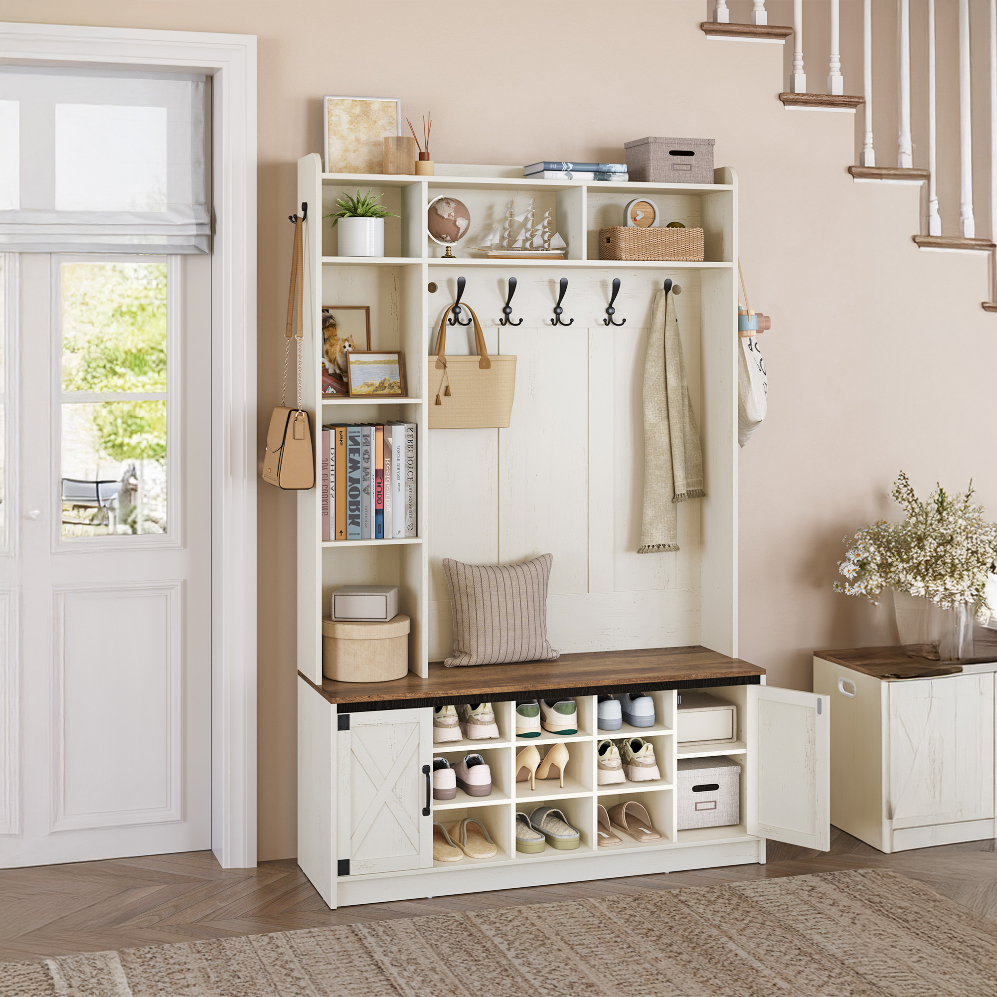 Coat Racks, Coat Rack With Led, Entrance Furniture With Shoe Rack, Adjustable Shelf Levels, 15 Open Compartments, 7 Hooks, Freestanding, For Entrance Area, Hallway, .