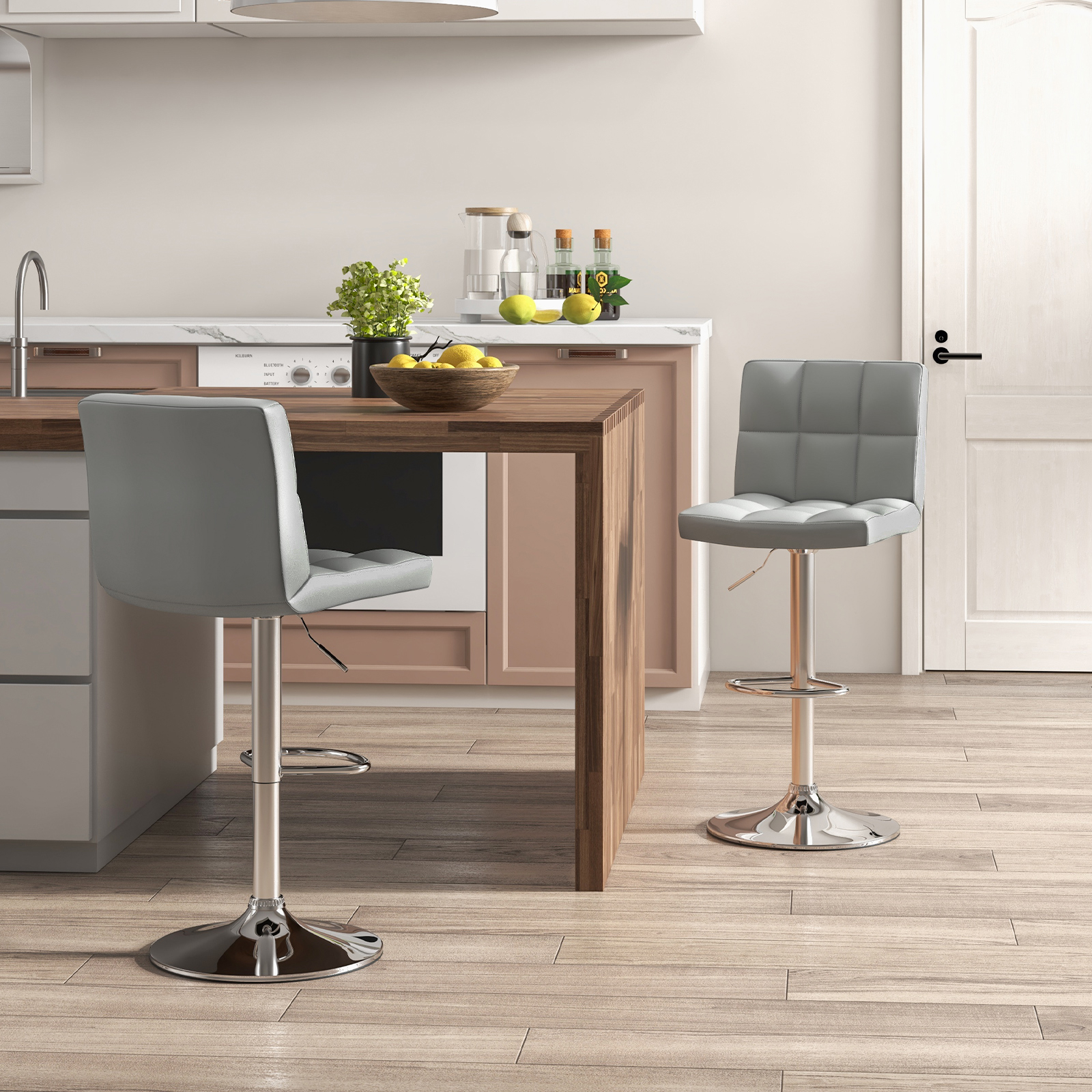 Image of Bar Stool Set Of 2, Pu Leather Bar Chairs With Adjustable Height, Seat, Footrest And Anti-slip Metal Base, Armless Dining Stools For Kitchen Island And Pub, Gray
