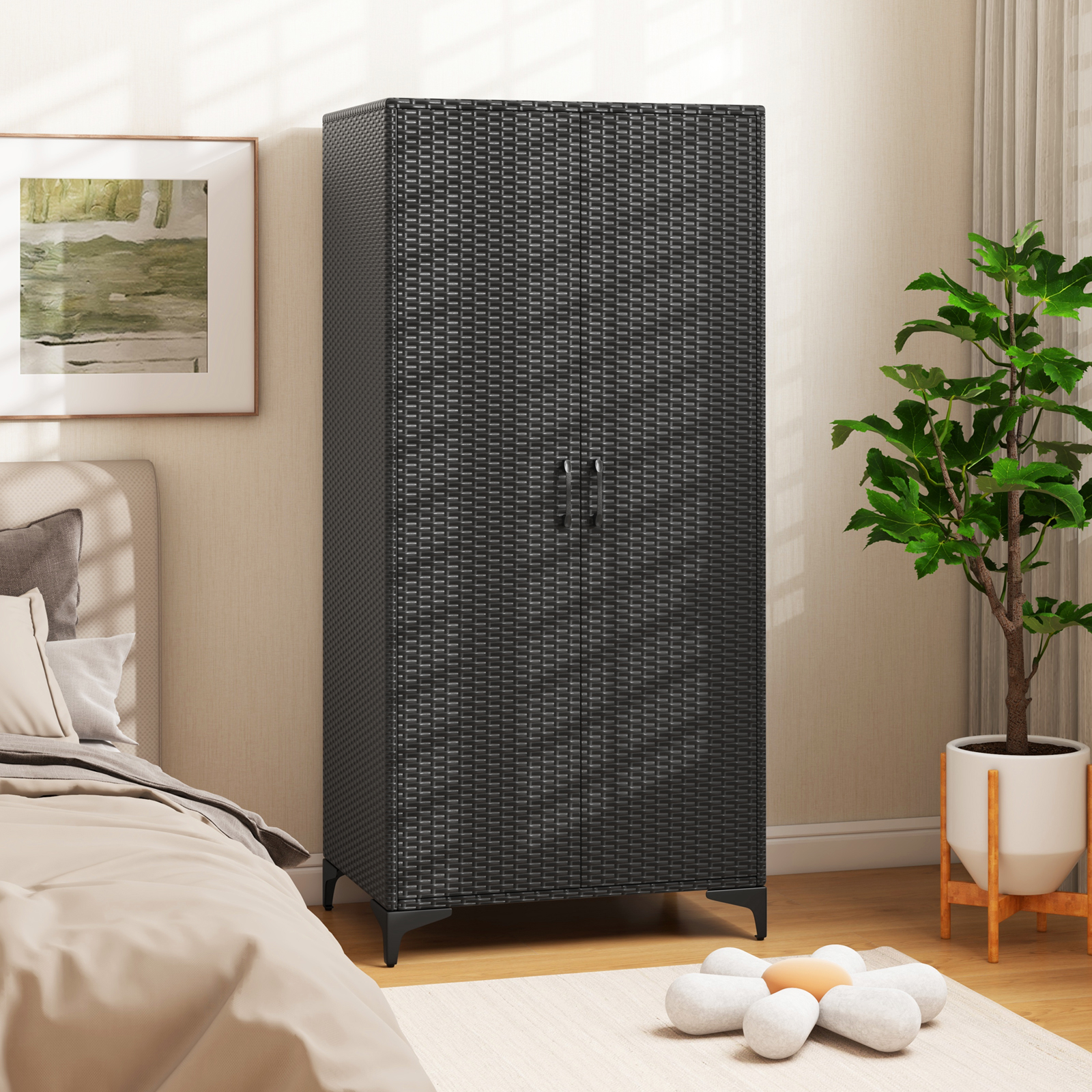Wicker Wardrobe, 5 Cubes Pe Rattan Closet Storage Cabinet, Clothes Storage Cabinet With Hanging Rod