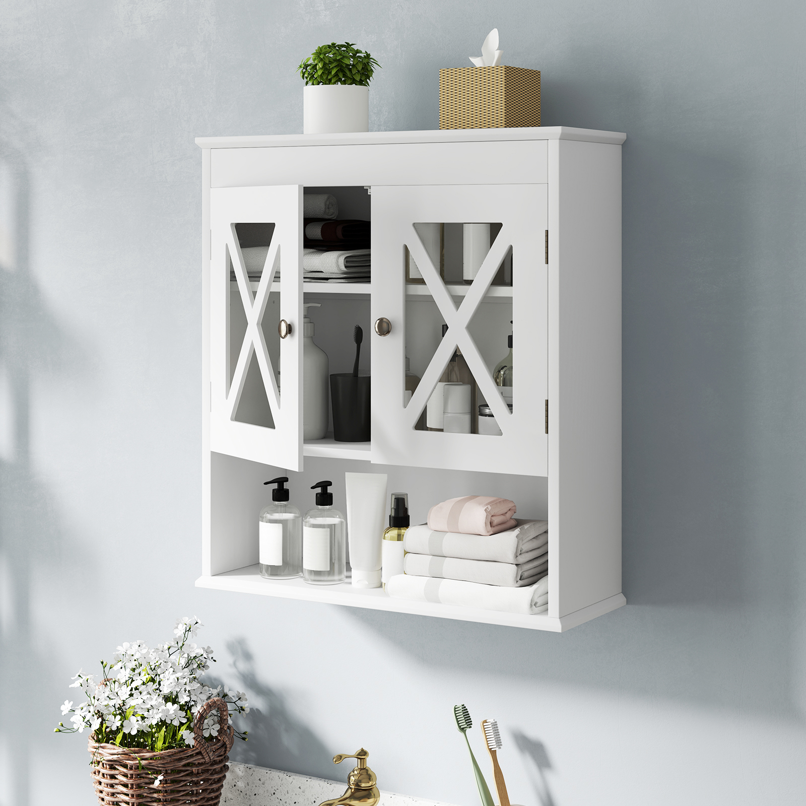 Image of Bathroom Cabinet Wall Mounted, Medicine Cabinet With With 2 Acrylic Doors, Adjustable Shelf, Open Compartment, Over The Toilet Storage Organizer For Laundry Room Kitchen, White