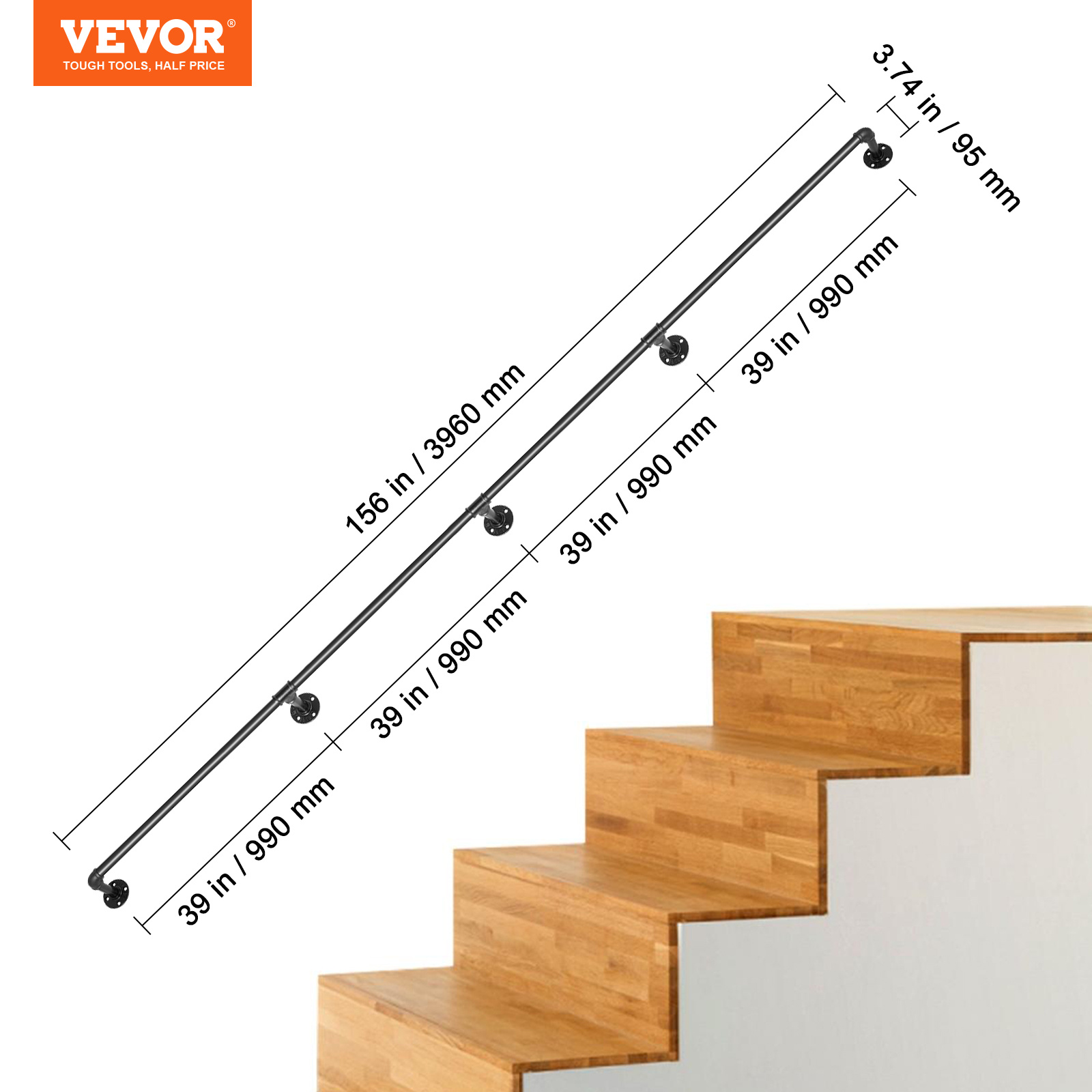 VEVOR Vamzdžių laiptų turėklai, 396,2 cm laiptų turėklai, 199,6 kg apkrovos talpa, pramoniniai vamzdžių turėklai su sienos tvirtinimo atrama, apvalaus kampo sienos turėklai vidaus ir lauko naudojimui