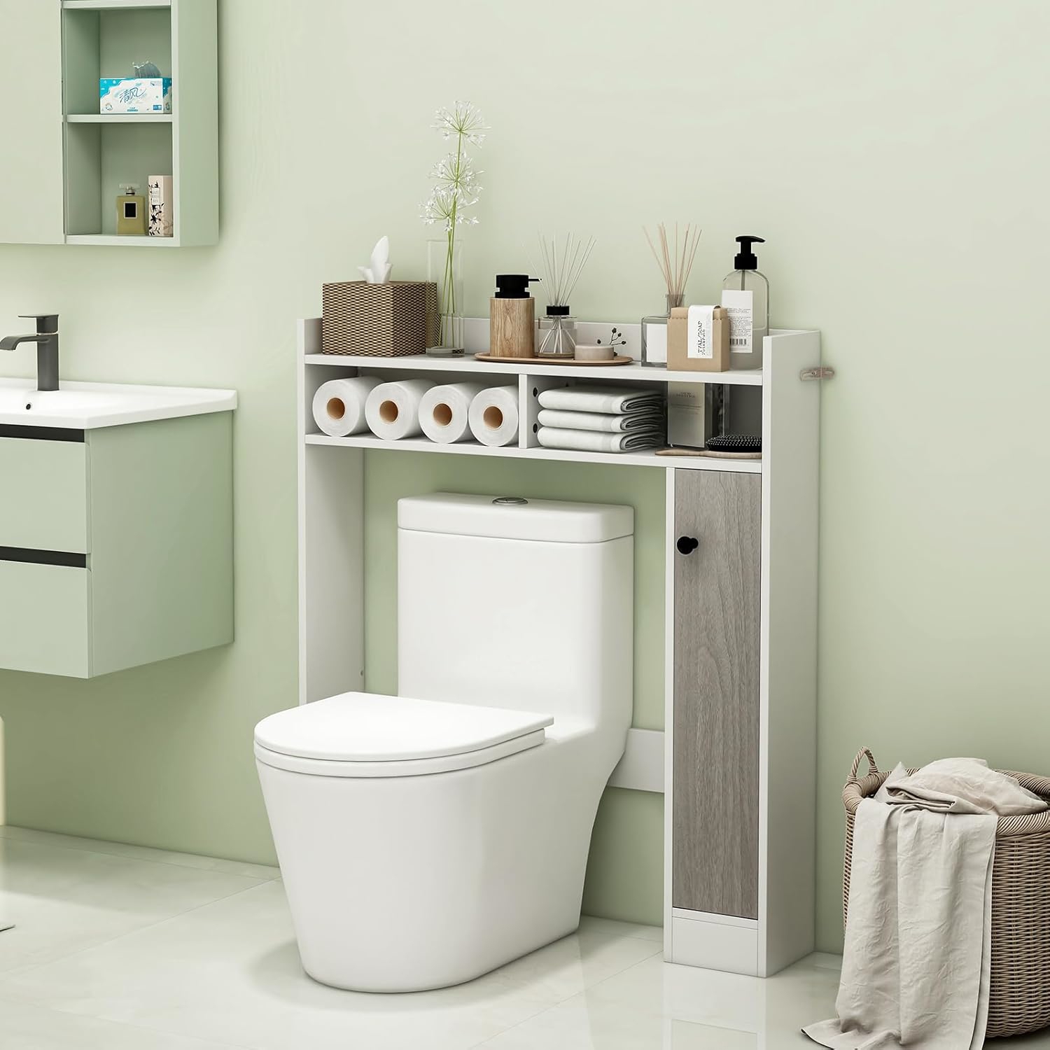Image of Over The Toilet Storage Cabinet, Freestanding Bathroom Toilet Organizer W/ Adjustable Shelves, Space- Over Toilet Rack W/ Single Door Cabinet & Open Shelves For Laundry Room, White