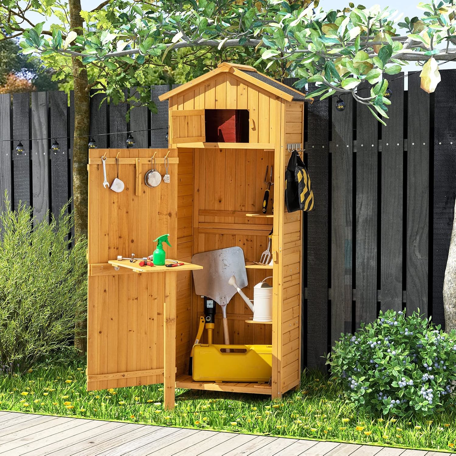 Image of Wooden Garden Shelter With Asphalt Roof For Outdoor, Tool Cabin With Lockable Door, Folding Table
