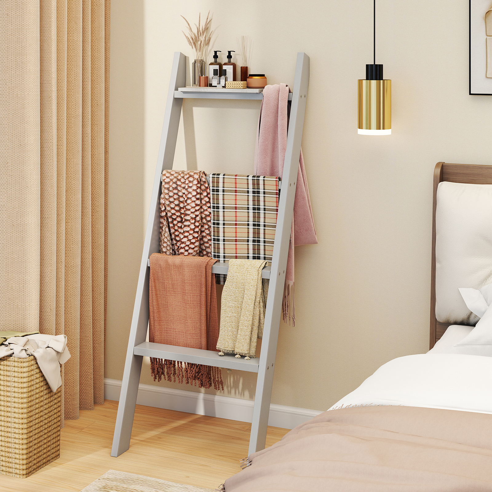 Image of Blanket Ladder, 4-tier Wall- Ladder Shelf For Display, Storage & Decoration, 50 Kg Per Tier, Wooden Towel Rack, Farmhouse Plant Stand For Bathroom, Living Room, Bedroom