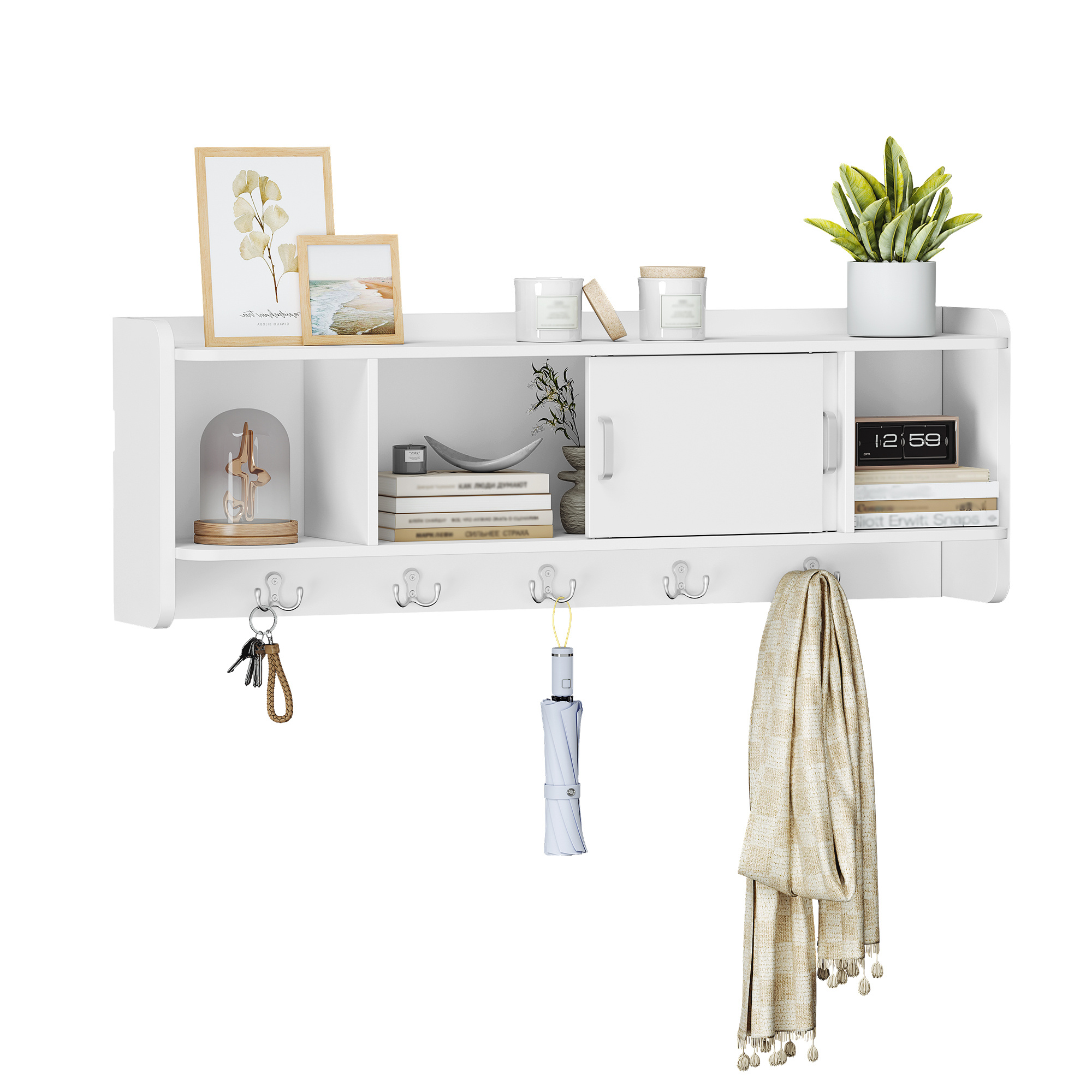 TEMU Porte-Manteau Mural, 3 Compartiments de Rangement, 5 Crochets, Porte-Manteau Mural avec Porte coulissante, Convient pour couloirs, Chambres,