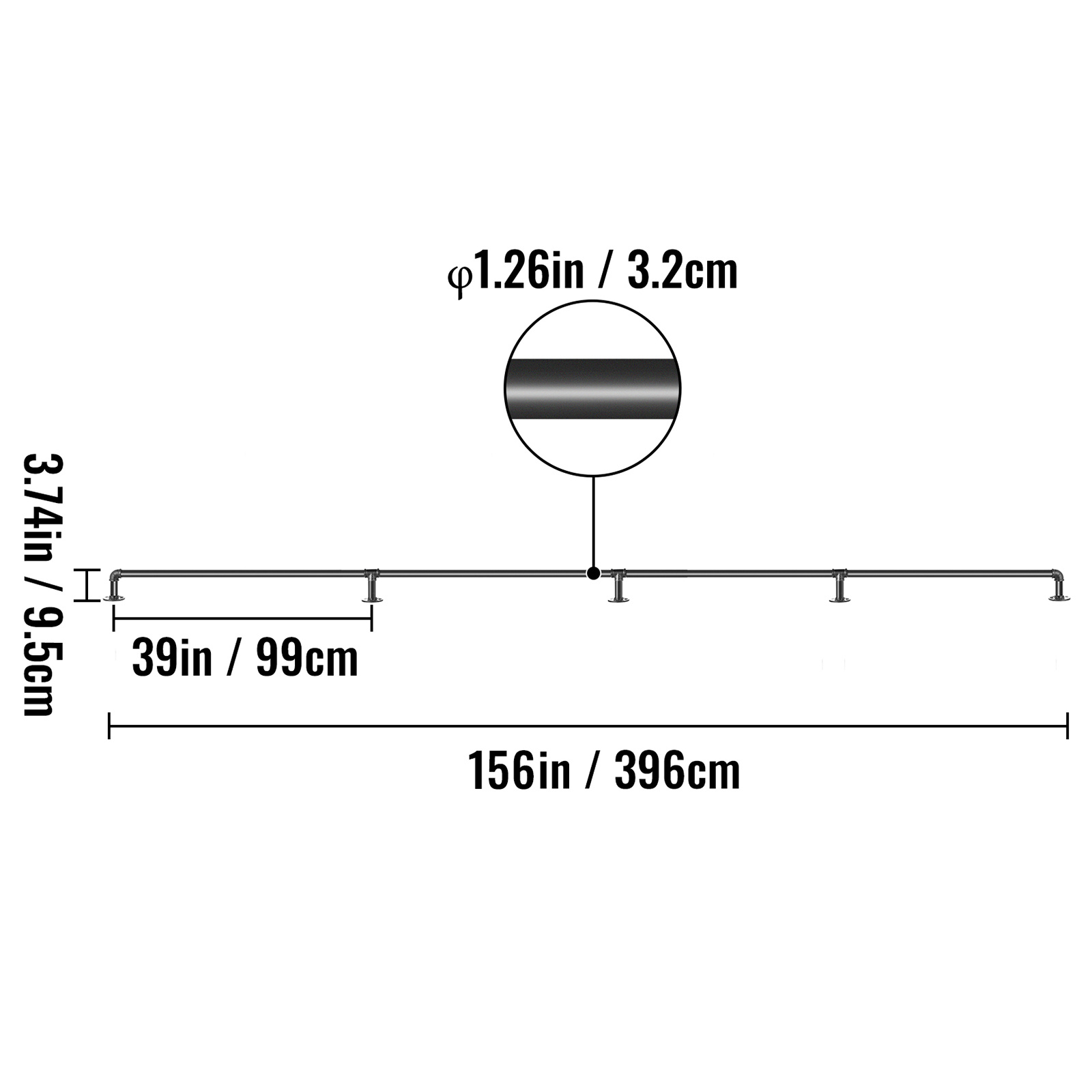 VEVOR Vamzdžių laiptų turėklai, 396,2 cm laiptų turėklai, 199,6 kg apkrovos talpa, pramoniniai vamzdžių turėklai su sienos tvirtinimo atrama, apvalaus kampo sienos turėklai vidaus ir lauko naudojimui