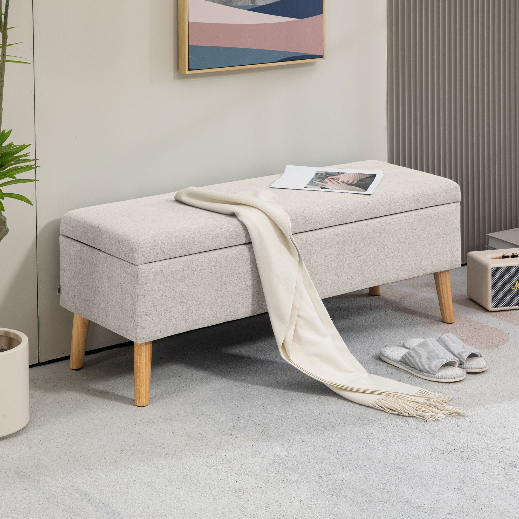 TEMU HOMCOM Banc coffre rangement rembourré banquette banc de lit, banc de rangement lin pour à coucher, entrée, salon, charge 120 Kg, 110 x 39 x ,