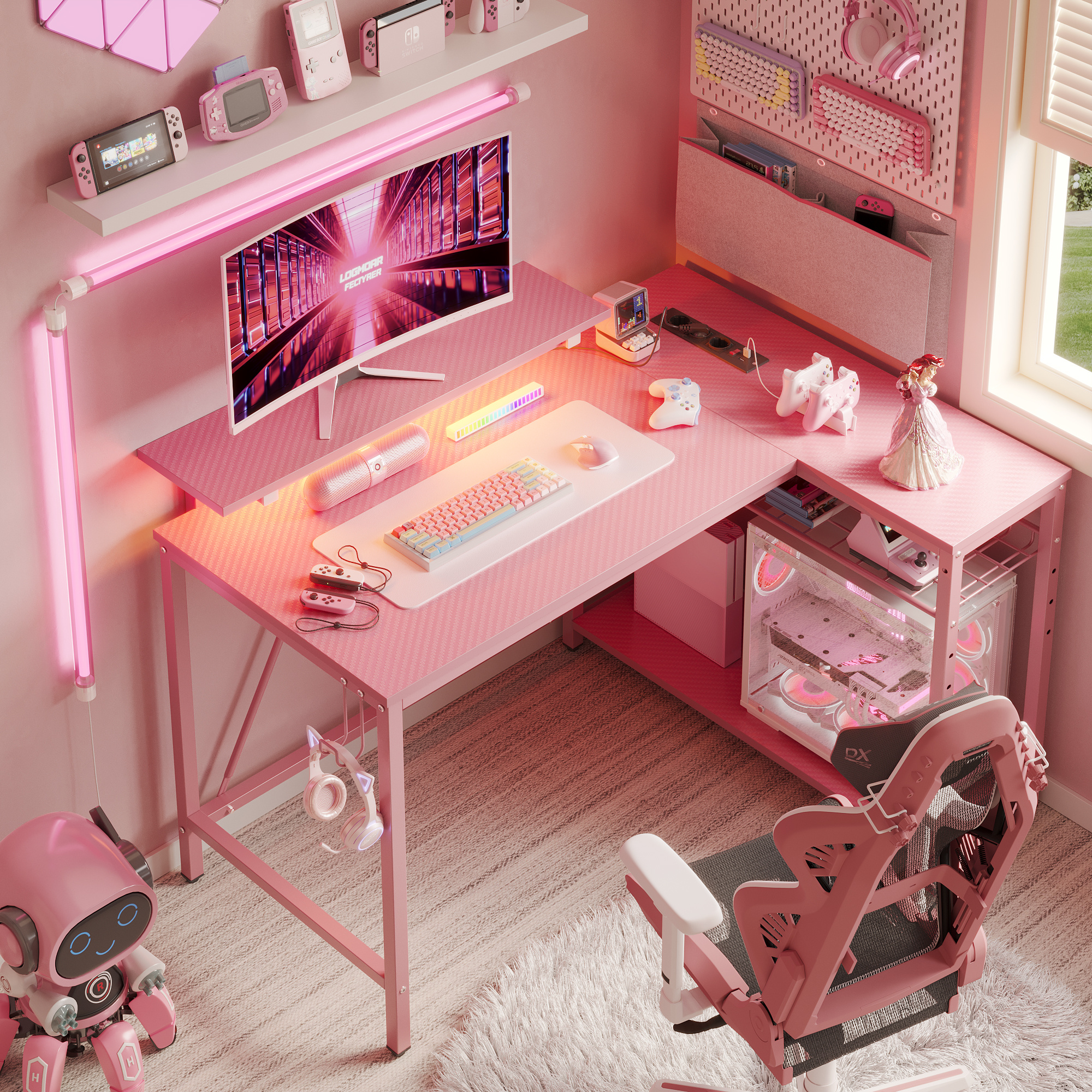 Modern L-shaped Double-layered Pink Desk, Game Table, 107 Cm Long, Equipped With Storage Cabinets, More Storage Space, Suitable For Bedroom, Living Room