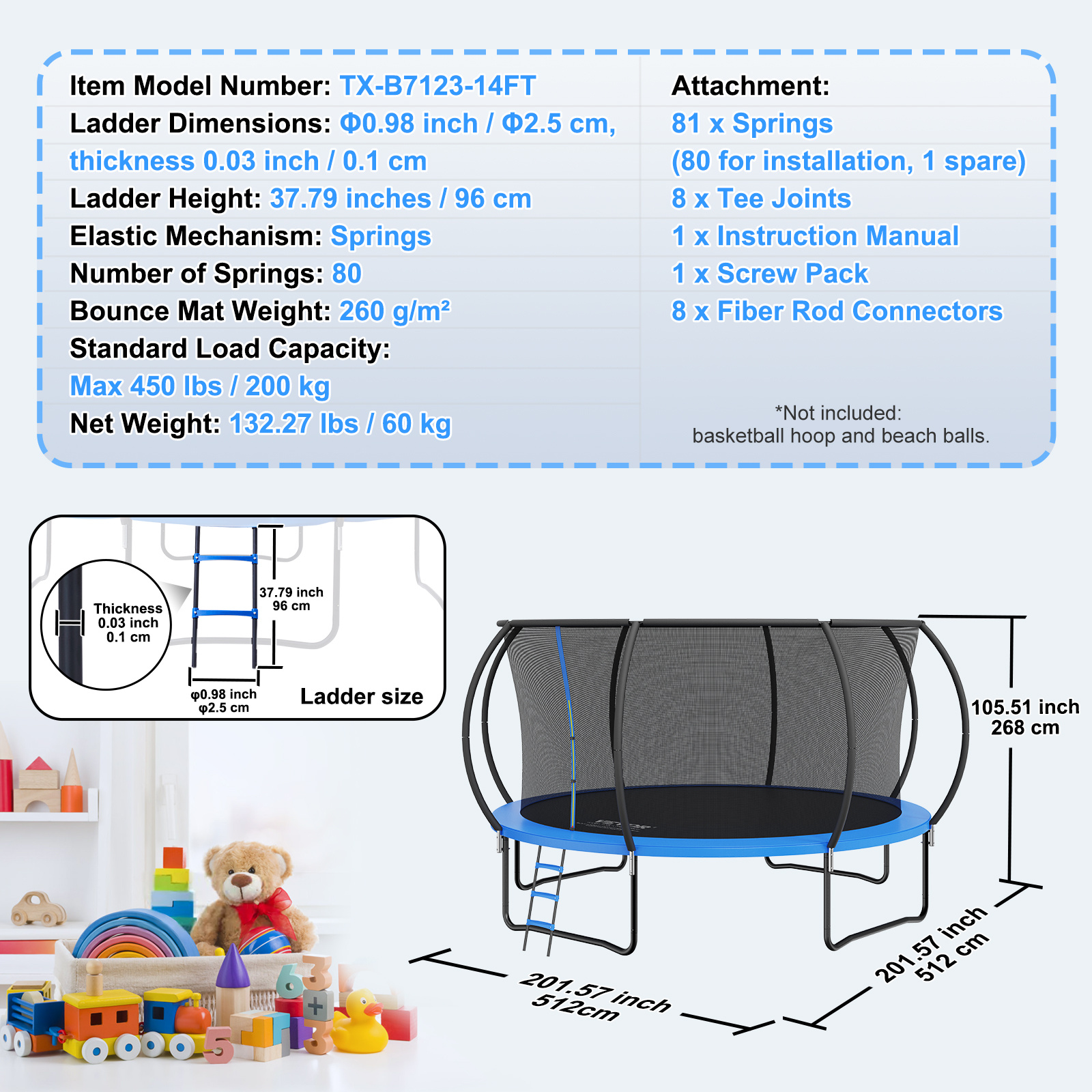 VEVOR 14FT Trampoline, 450 lbs Trampoline cu plasă de închidere, scară și stâlp curbat, trambulină de înaltă calitate cu covor de salt și husă de arc, trambuline recreative în aer liber pentru copii adulți