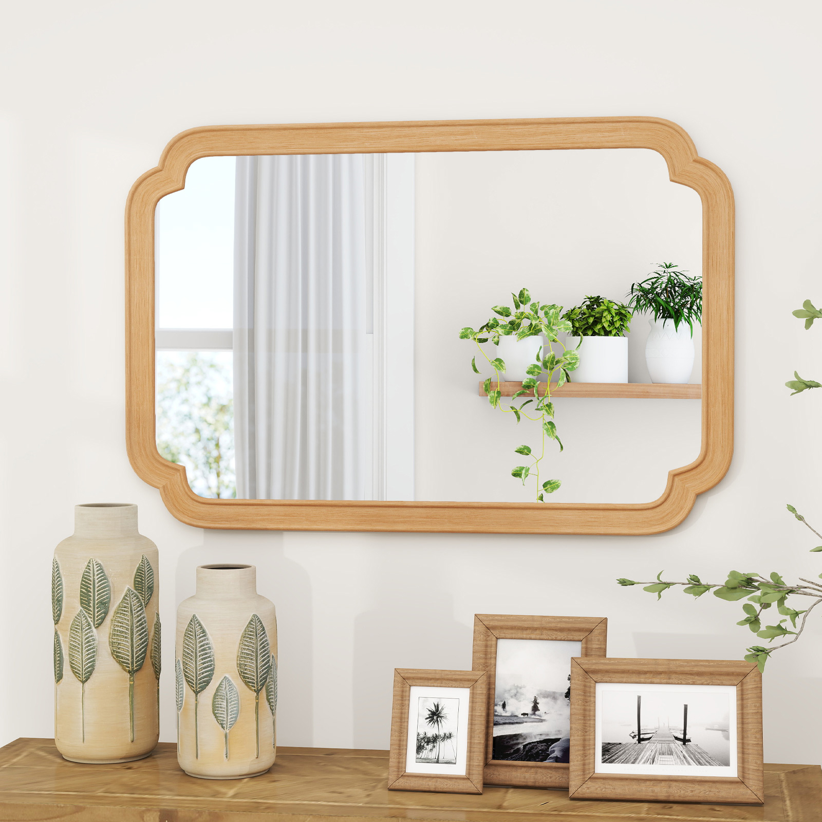 Rounded Corner Arch Wall Mirror, 35.5" .5"/90 Cm X 60 Cm Farmhouse Rectangle Decorative Mirror, Rustic Wall Mirror For Bathroom Living Room Entryway Bedroom, Vertical Or Horizontal Hanging, Natural