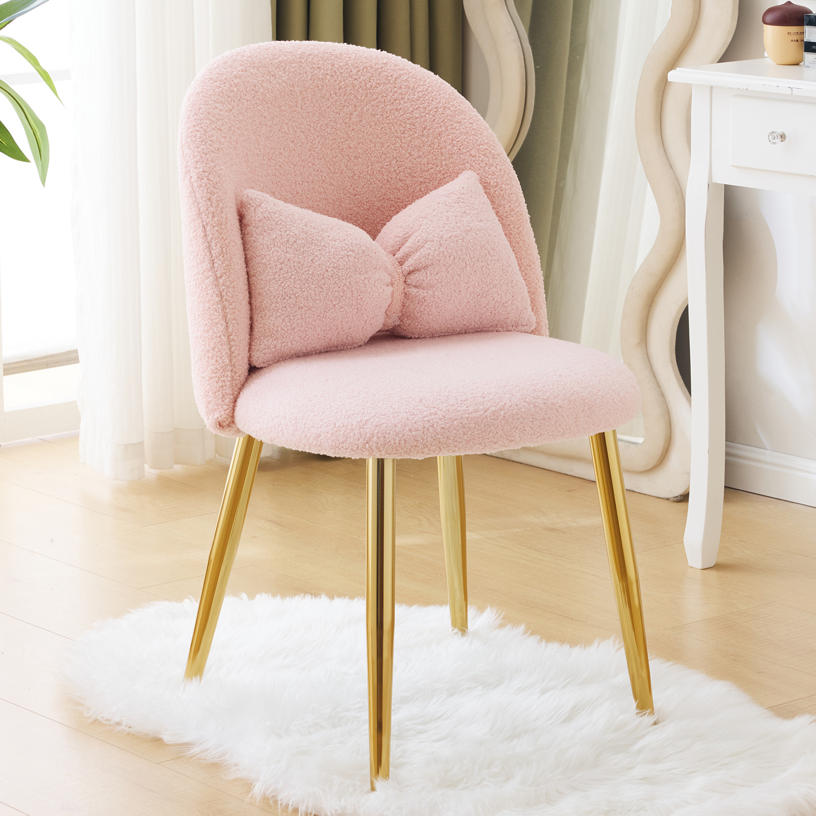Bonnlo Makeup Vanity Chair, Makeup Stool, Modern Dining Chair With Adjustable Gold Legs & Loop Cushion For Bedroom, Home Office
