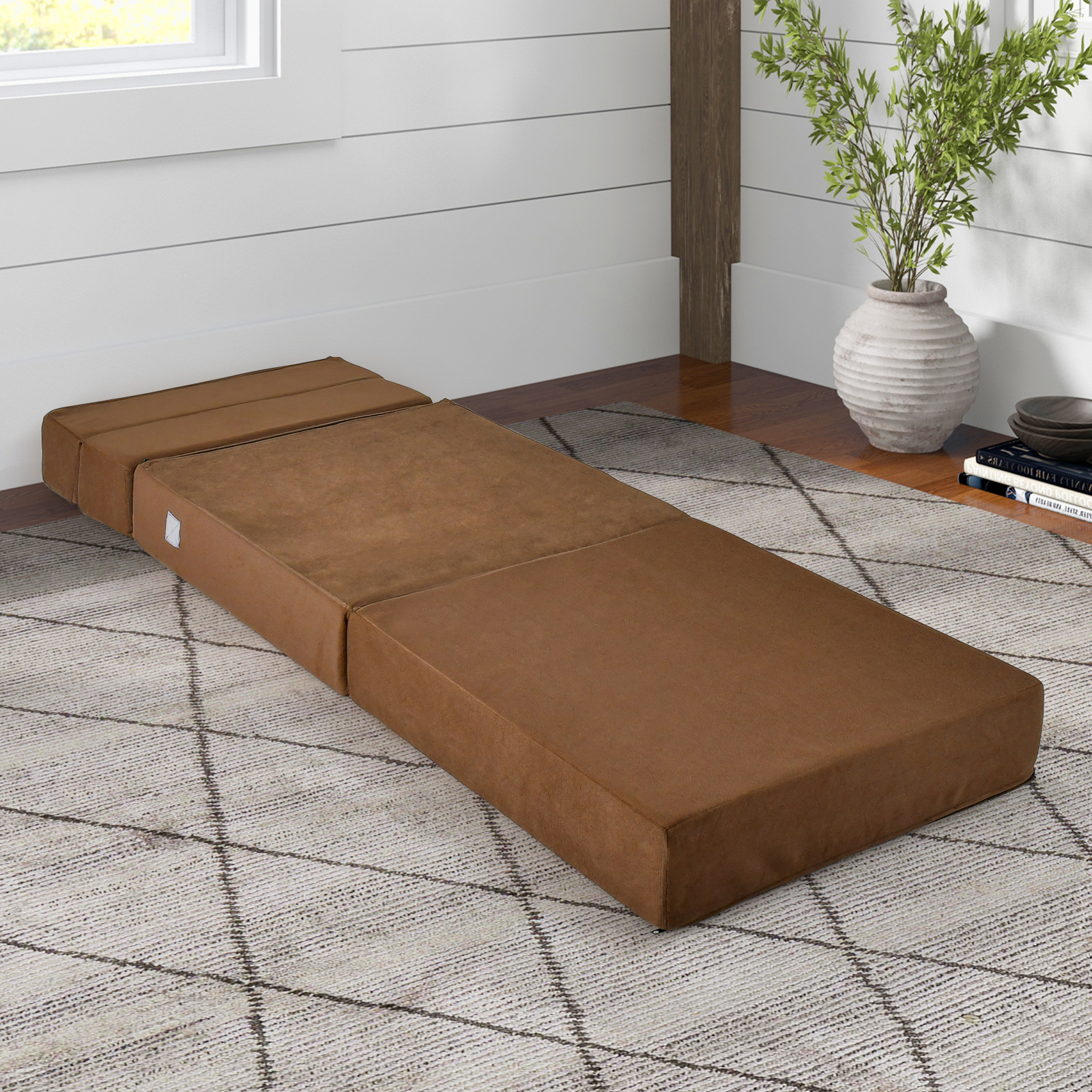 Image of Tri Folding Sofa Bed, Convertible Sleeper Chair Bed, 6" Breathable High-density Foam Futon Floor Mattress, Portable Guest Bed Lazy Couch With Removable & Washable Cover, Brown