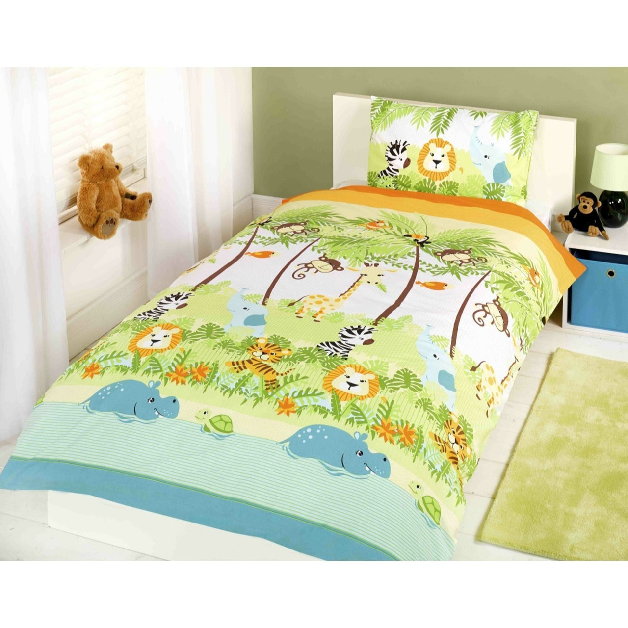 TEMU Jungle Kids Duvet Cover Set – Single Size | Fun Animal Print With , Tigers, Giraffes, & | Bright & Colourful Jungle Theme Bedding | (50% Cotton,