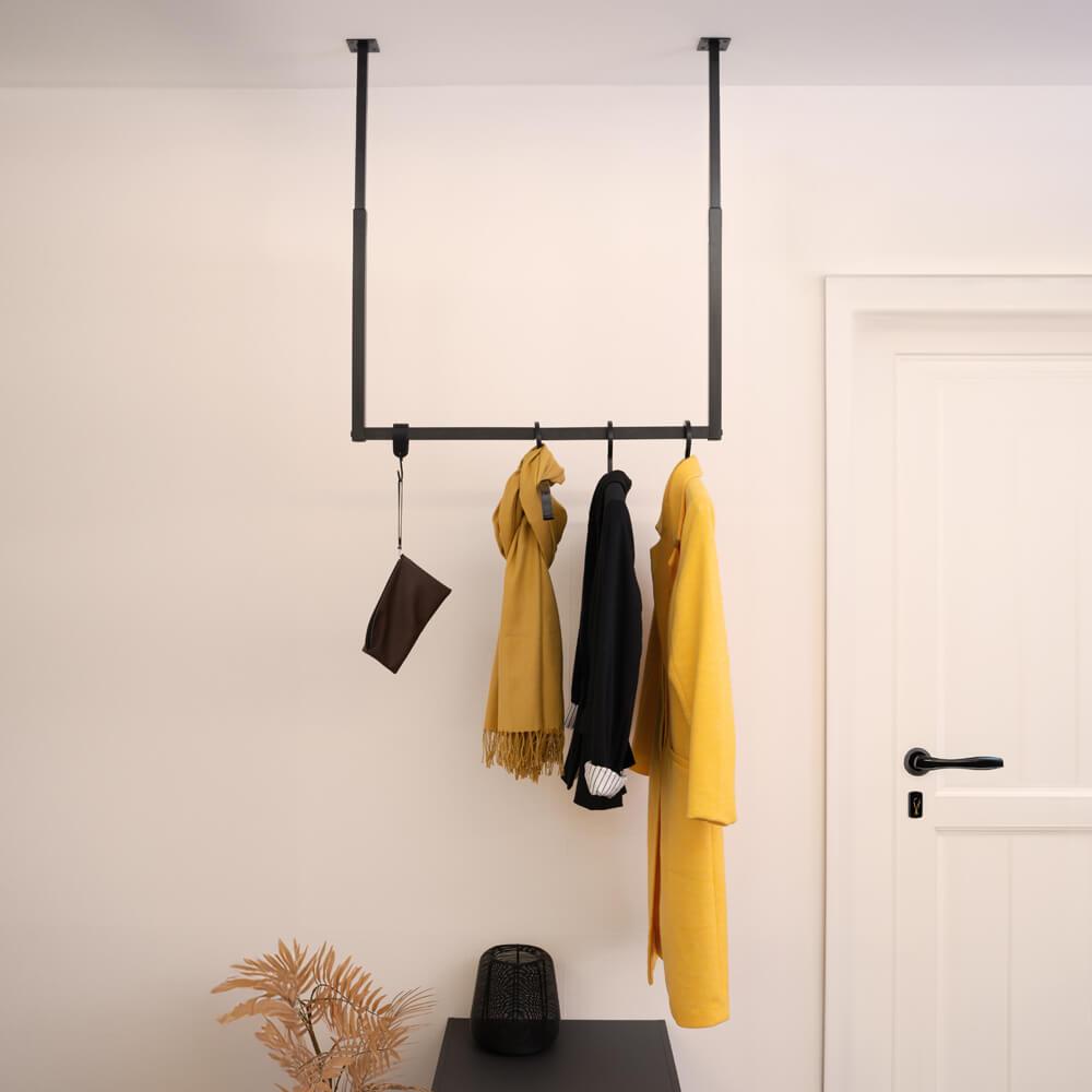 Image of Wardrobe Rail - Extendable | Clothes Rack, Industrial Style, Towel Holder, Stylish Ceiling Mount With Multiple Hooks For Coats, Hats, Bags, And More - Durable, , Space-saving, And Versatile