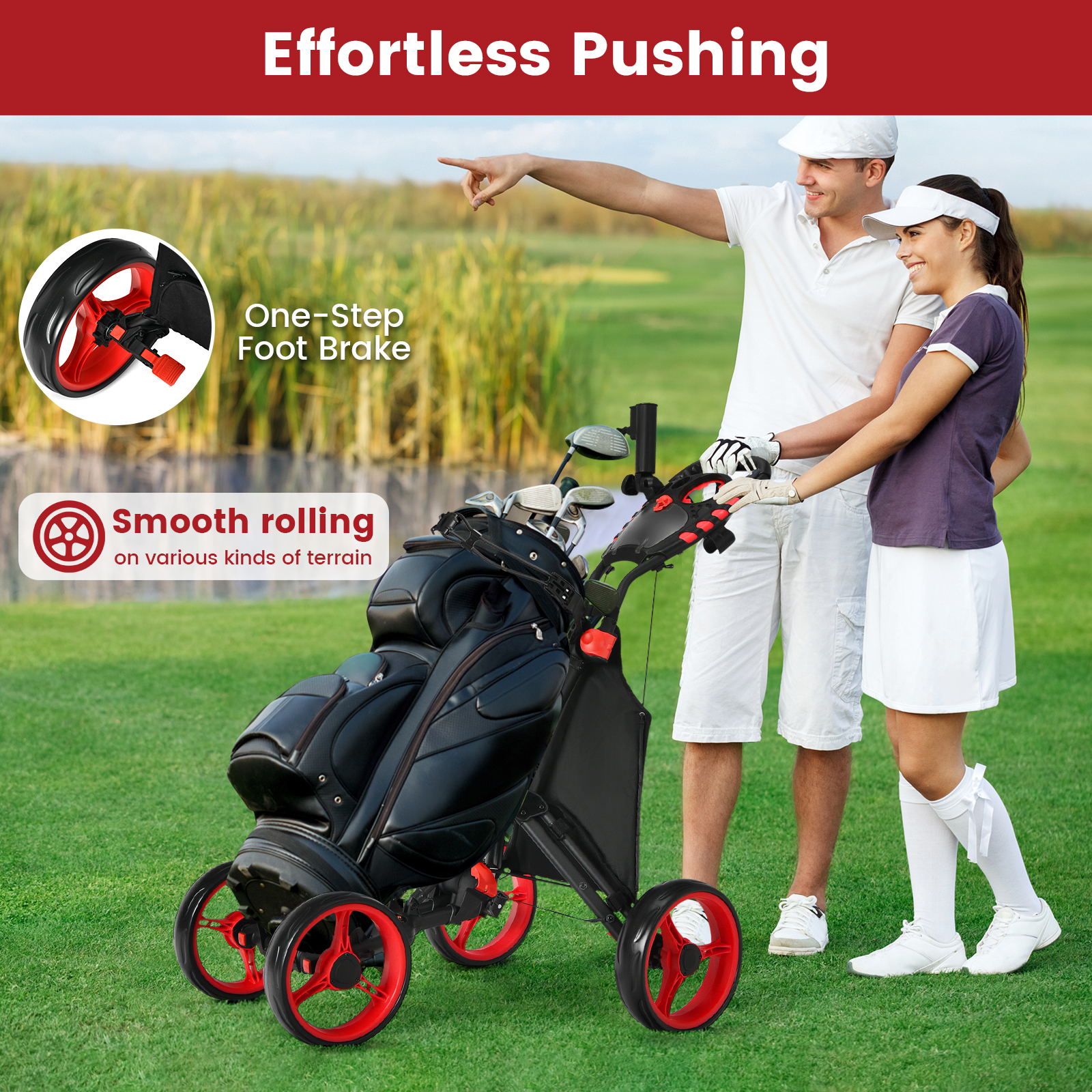 Image of Golf Push Pull Cart, Lightweight Folding 4 Wheels Golf Push Cart, Golf Trolley With Foot Brake, And Adjustable Umbrella Holder