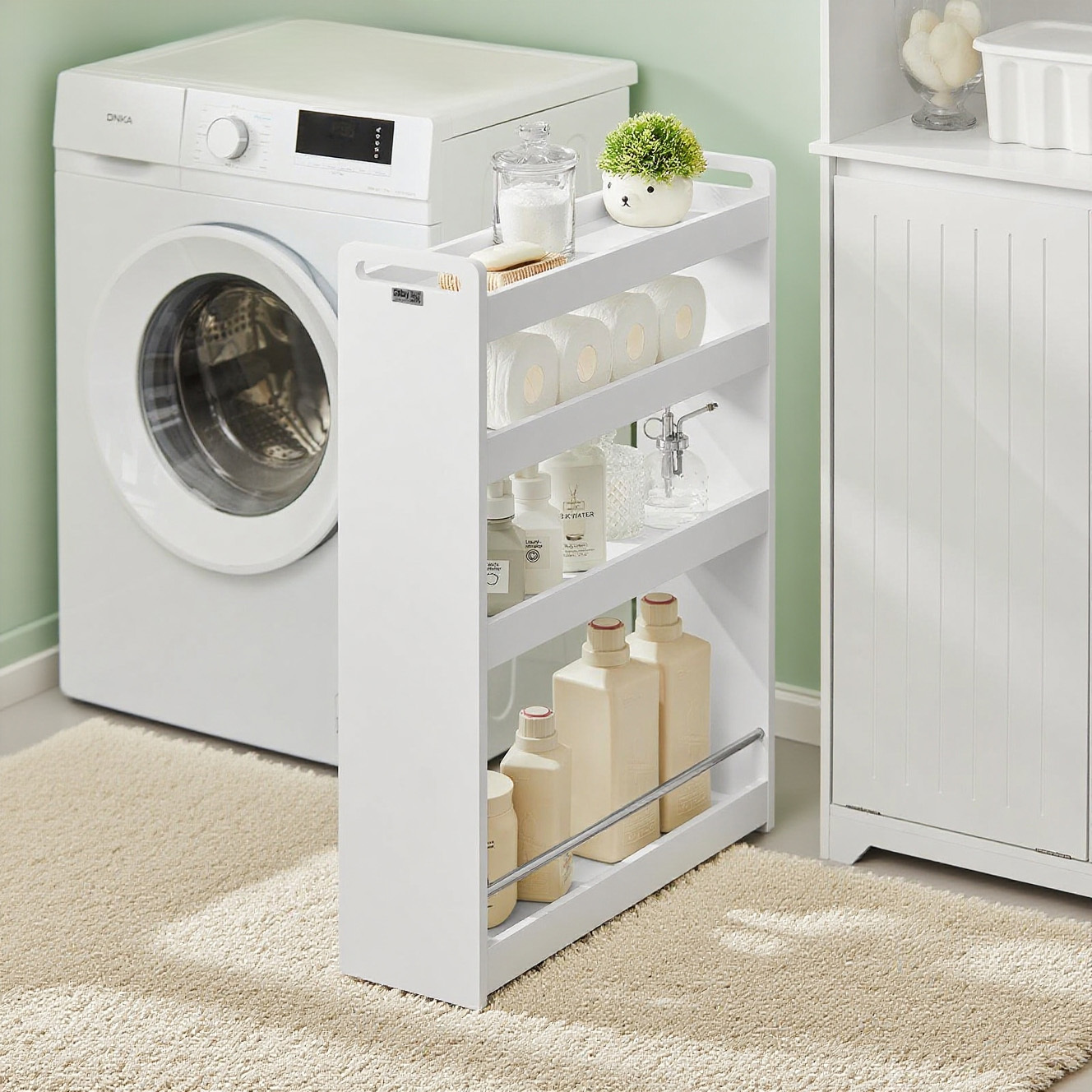 E-shop Slim Storage Trolley mit 4 Rädern, 4-Level Space-Saving Shelf mit Anti-Fall-Leisten, Kompakte Aufbewahrungseinheit für Küche, Badezimmer,