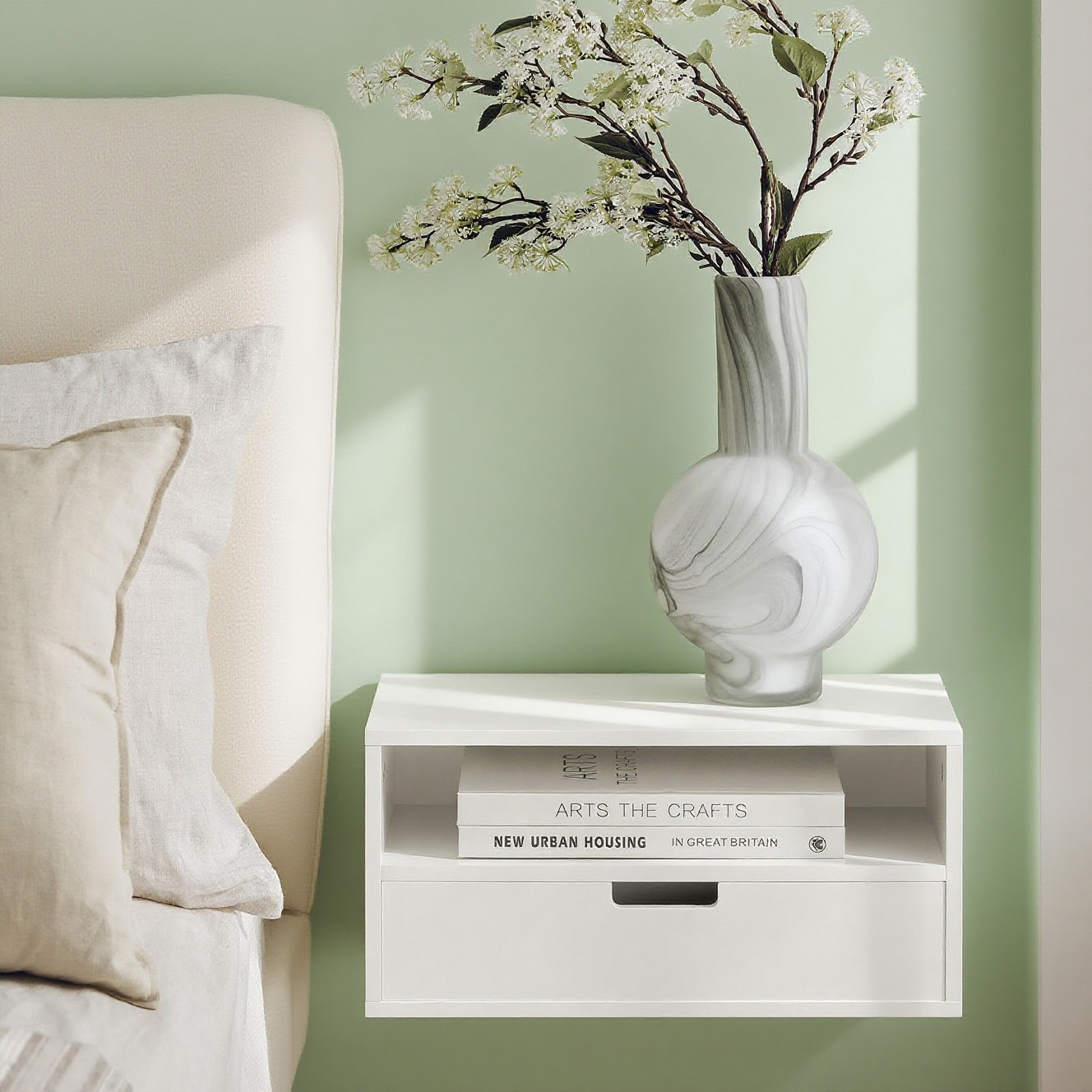 TEMU 1pc Wall Nightstand, Floating Nightstand With Drawer And Shelf, Wall Shelf For Bedroom, L 45 X W 25 X H 22 Cm, White, - Sobuy Ole14-x