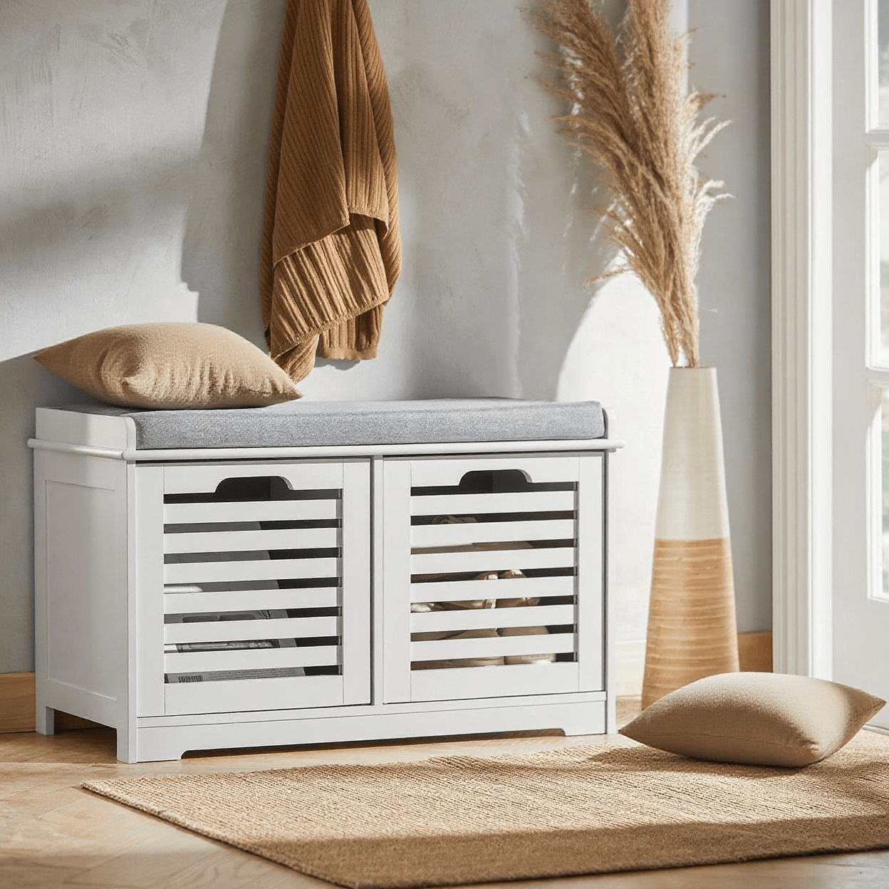 1pc Bank Shoe Rack Organization - Mobile With Padded Cushion And 2 Baskets - Wooden Entrance Bench For - 71x34x43cm, White - Gts34-l-x