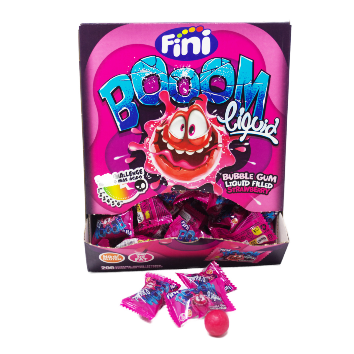 Fini Golosinas Fini Boom Liquid Gum Strawberry Chewing Gum, 200 Pieces Display