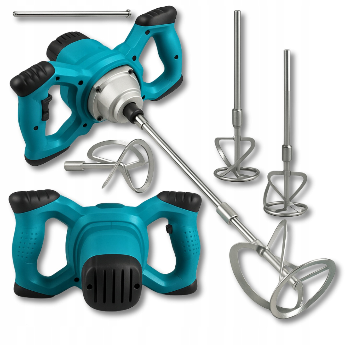 zdjęcie przedmiotu mieszadło elektryczne do kleju betonu zaprawy farby gipsu 2400w + 2x mieszalnik metalowy 12cm do zapraw konstrukcyjnych, mocny mixer budowlany 0–1200 obr./min z regulacją obrotów, ergonomiczny uchwyt 32cm, końcówki 20cm i 40cm, wytrzymały sprzęt remontowy na budowę 220v 50/ 