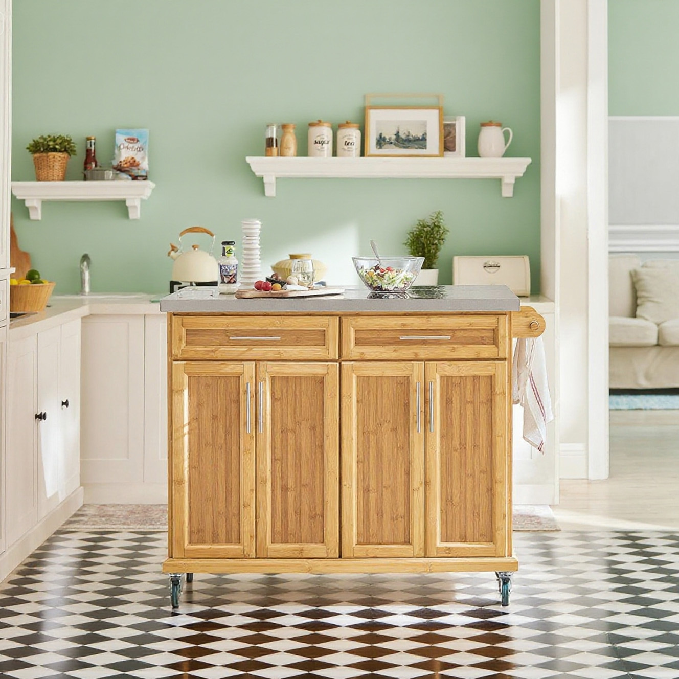 1pc With Wheels Central Island With Extendable Worktop And 2 Drawers For Kitchen Or Dining Room Kitchen Furniture With Storage 115x(46-71)x92cm Fkw69-n - Glx80-o