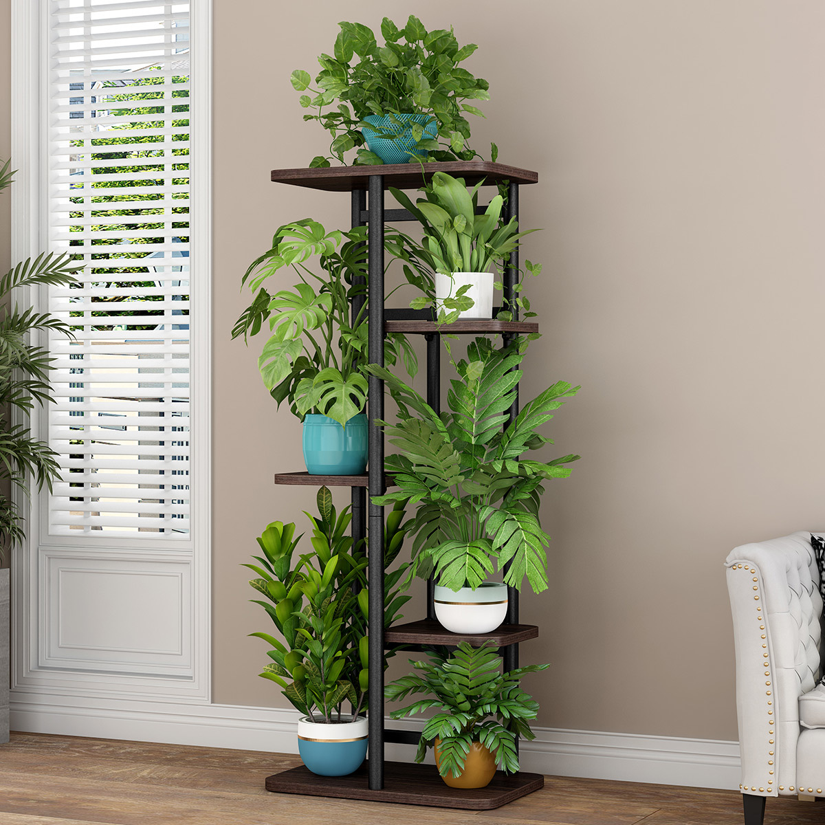 TEMU Indoor Metal Plant Stand, Plant Stand, Indoor Metal Flower Stand With Reinforced Wood Base, Layered Corner Plant Stand, Layered Plant Stand For