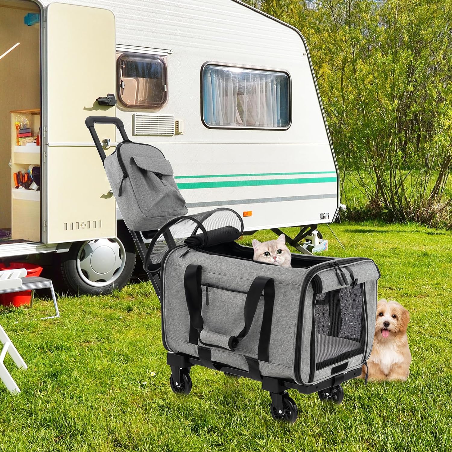 Cat Carrier With Wheels, Rolling Carrier With Cat Backpack, Telescopic Handle, Solid Platform
