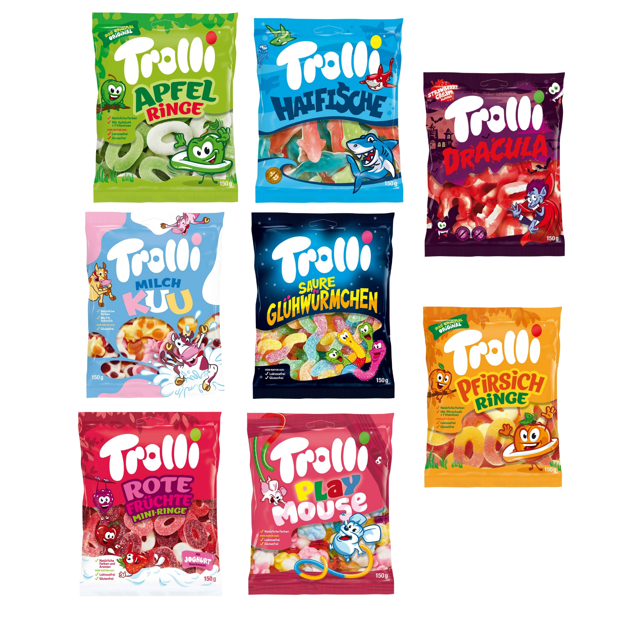 Image of Trolli Assorted Pack Of 8 Bags Of Candy And Fruit Gum Set For Kids, Office, And Parties