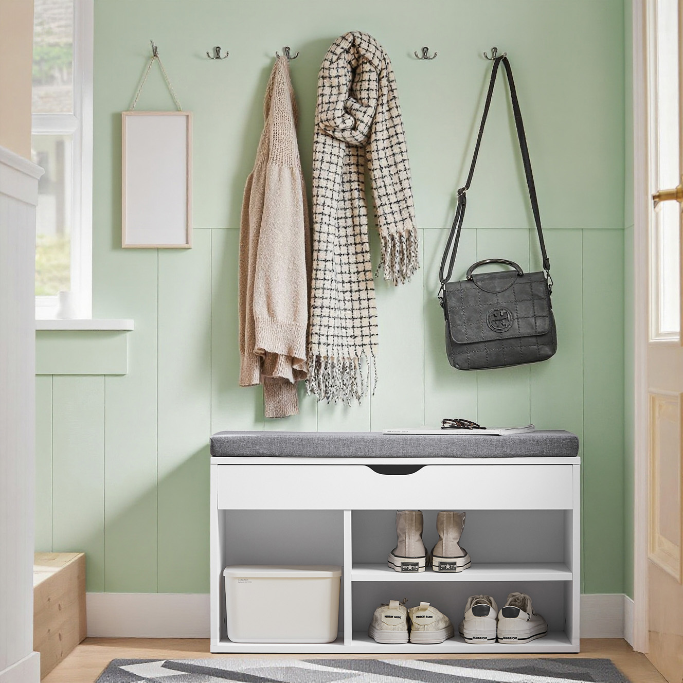 Image of 1-piece Shoe Bench With Padded Cushion, Shoe Organizer, Shoe Cabinet, Entryway Furniture, Shoe Rack With 1 Drawer, White, L80xp30xh46 Cm - Gts56-ih