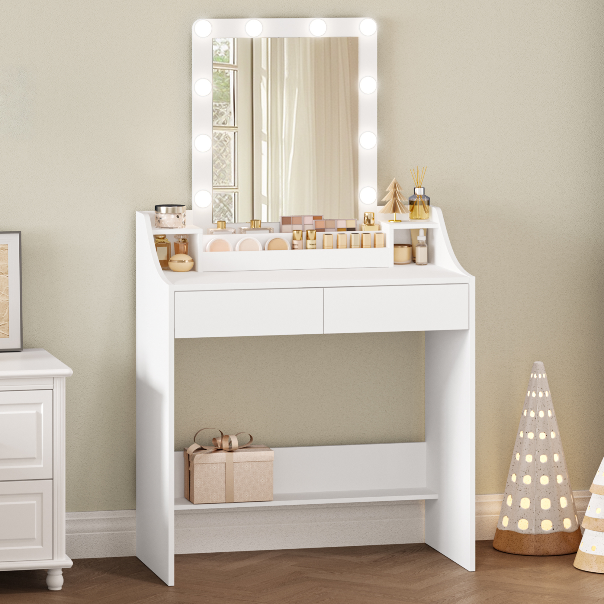 TEMU 80cm Tocador con Iluminación LED, Ajustable, Mesa de Maquillaje con Espejo, Tocador con 2 Cajones y 2 Compartimentos Abiertos, Moderno, Blanco