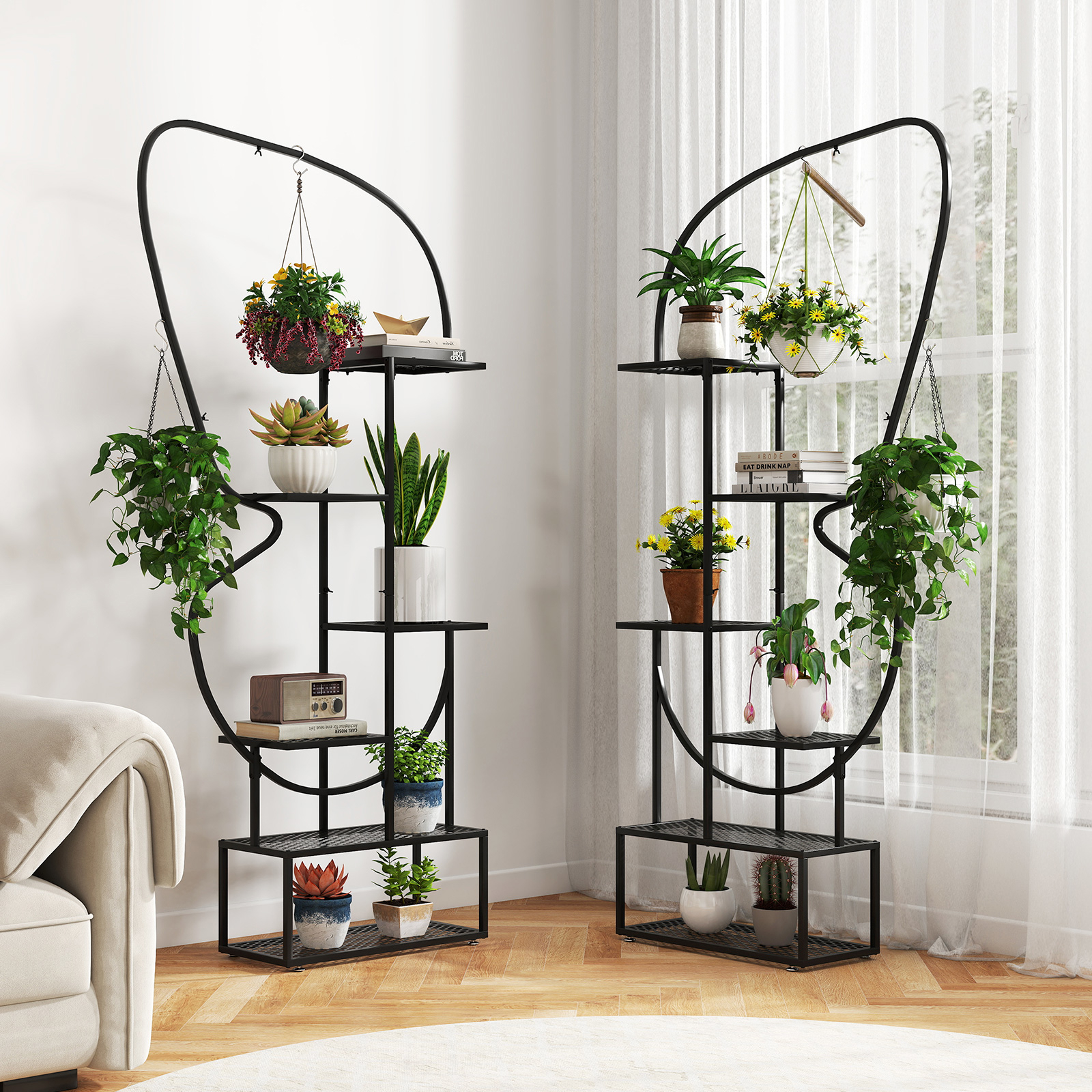 Image of 6-tier Metal Plant Stand, 73" Tall -shaped Flowerpot Shelf W/ 12 Metal Mesh Boards & 4 Hanging Hooks, Ladder Display Rack For Multiple Potted Plants Indoor Outdoor Living Room Balcony