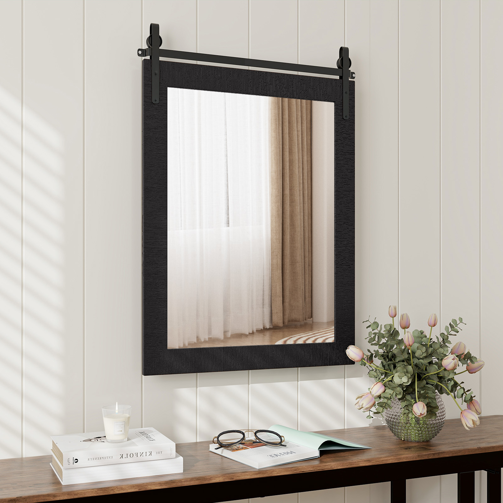 Image of Farmhouse Wall Mirror, Rustic Wall Mounted Mirror W/ Solid Wood Frame & Metal Bracket, 76 X 56 Cm Rectangle Barn Door Style Decorative Vanity Mirror For Hallway Living Room Bedroom, Black