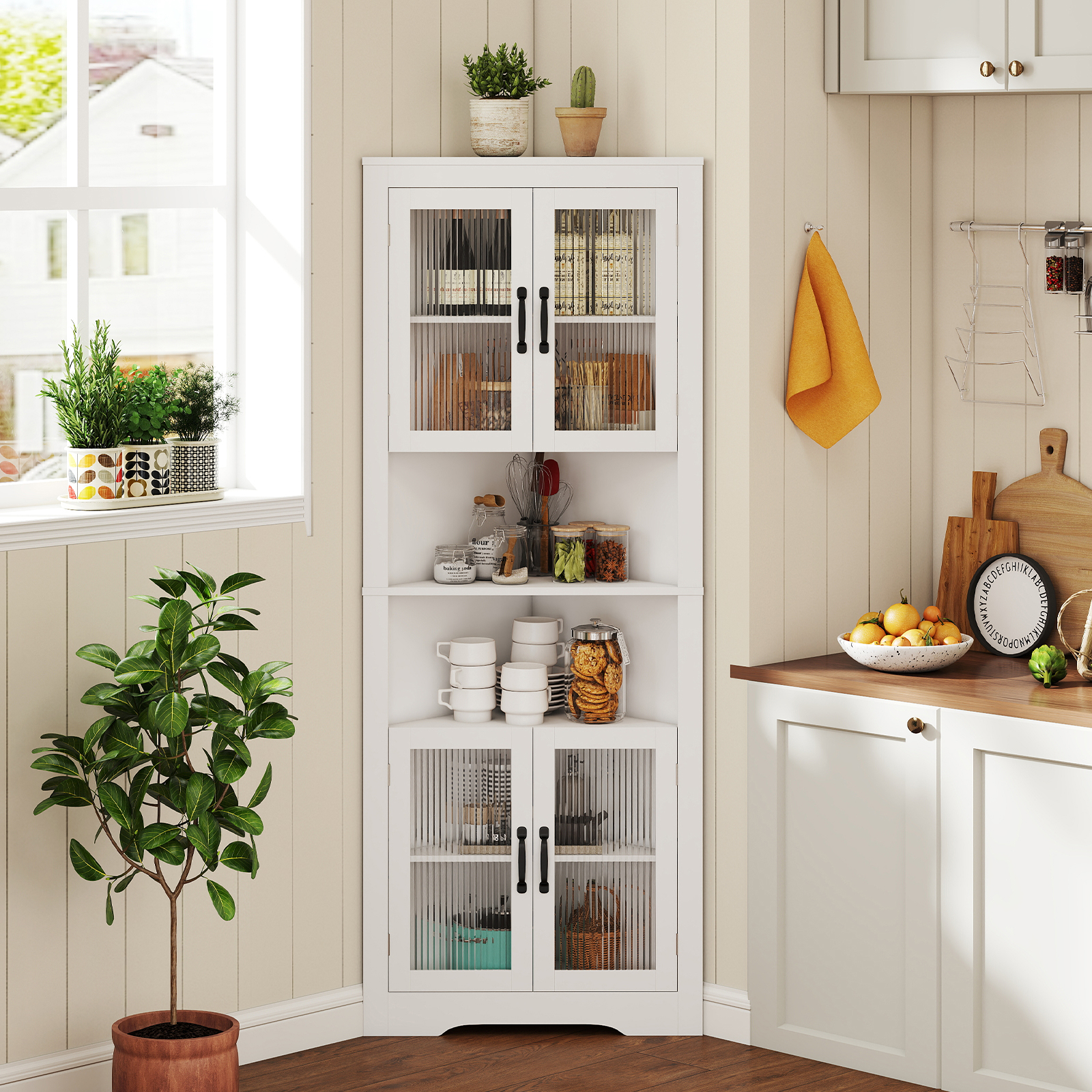 Corner Cabinet 171 Cm Tier Storage Unit With 4 Glass Doors, Adjustable Shelves Levels, Load 60 Kg