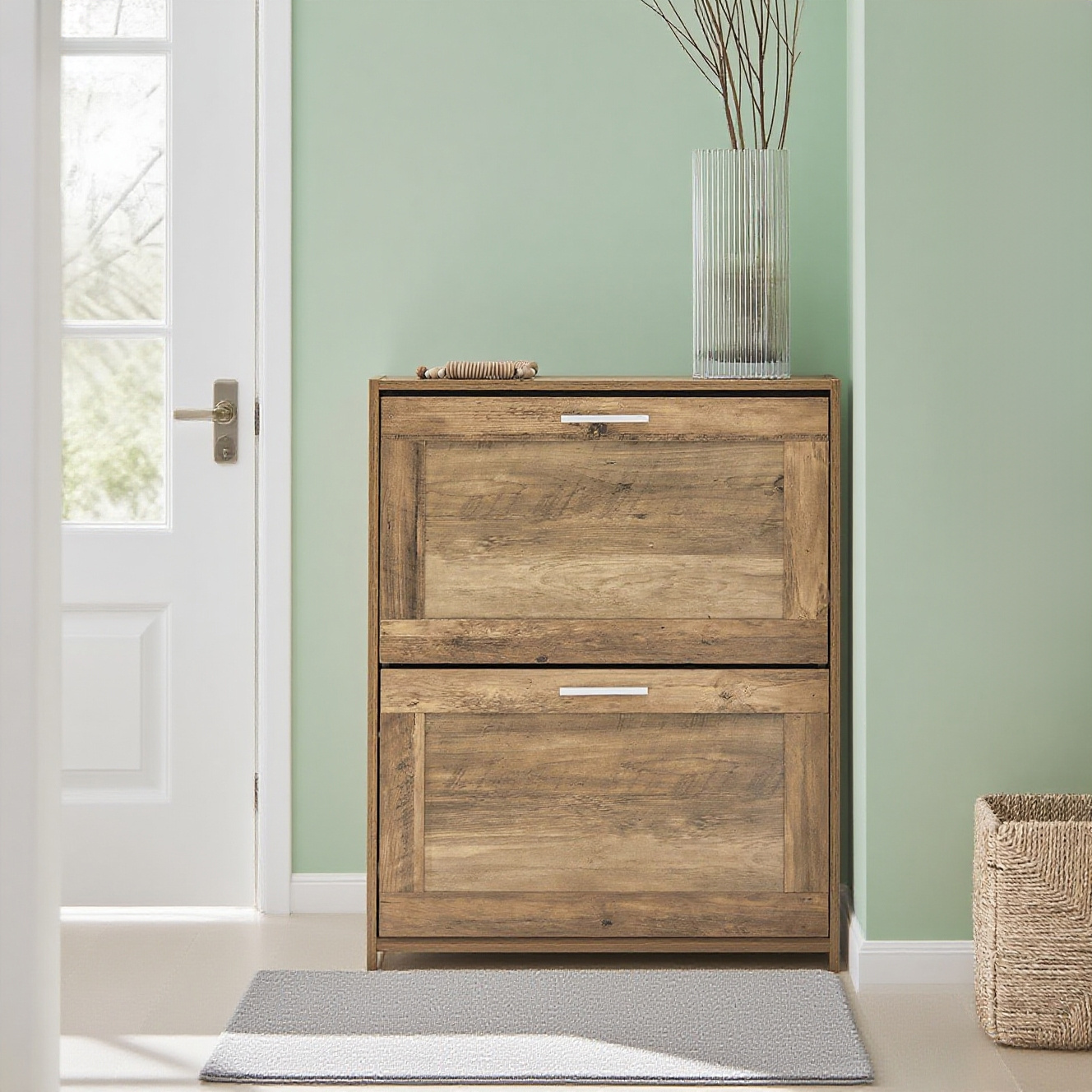 Image of 1pc Shoe Cabinet Shoe Cabinet Entrance Compact Storage 2 Adjustable Flaps - Fine Shoe Cabinet For Hallway - Dark Wood 60x23x79cm - Gts248-g
