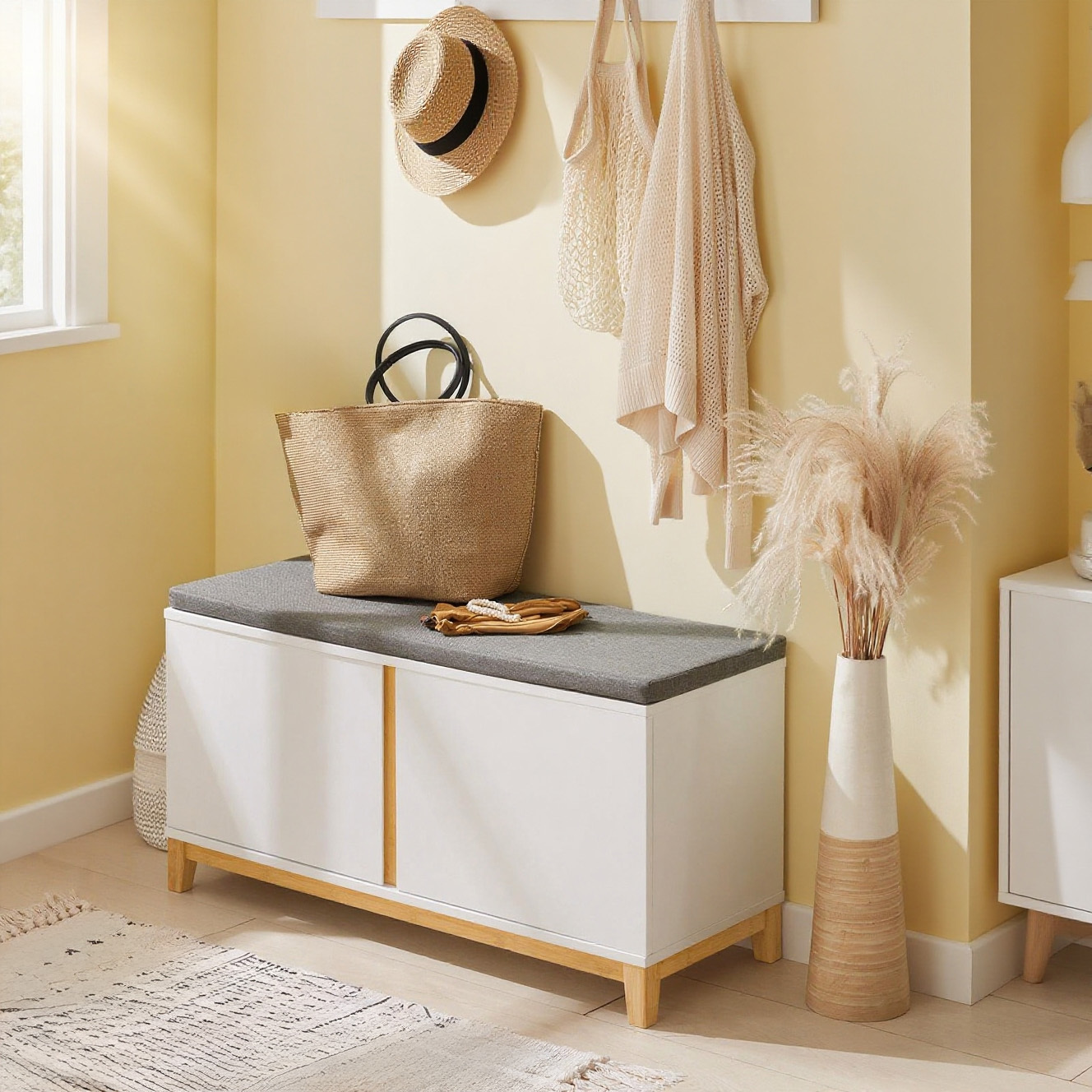 Image of 1pc Bank Shoe Rack Entryway, Storage Bench, Upholstered Shoe Rack Furniture With 2 Doors, Shoe Storage, For Hallway, Entryway, Bedroom, White, 90x34x46 Cm - Gts228-x