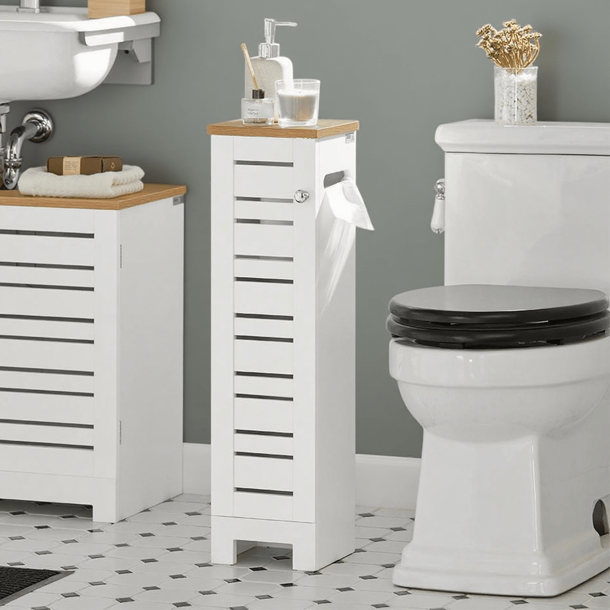 Image of Storage In The Bathroom 1pc Bathroom Cabinet Narrow - Space- Wc Unit With Shelf - Wooden Toilet Paper Holder For Small Spaces, Moisture-resistant, White-natural, 20x75x18 Cm - Cas96-x