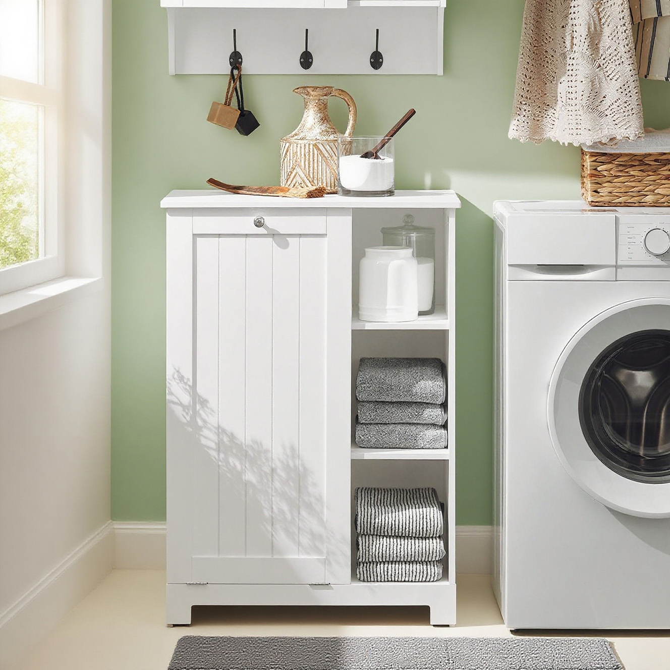 Image of Bathroom Storage Cabinet – 1 Piece Bathroom Cabinet With Laundry Baskets, Under-sink Cabinet With Folding Basket And 3 Shelves, Dirty Laundry Basket, Wood, White, 60x37x86 Cm - Cas216-x