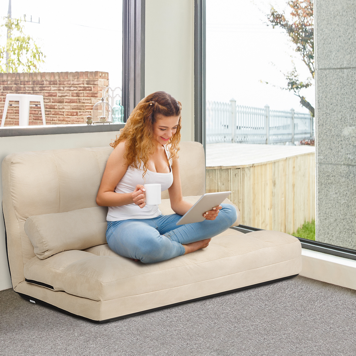 Image of Lazy Sofa Bed With 2 Pillows, Convertible Floor Couch With 5-level Adjustable Backrest, Folding Sleeper Bed Floor Sofa Chair For Adults, Video Gaming Sofa Mattress For Living Room, Bedroom
