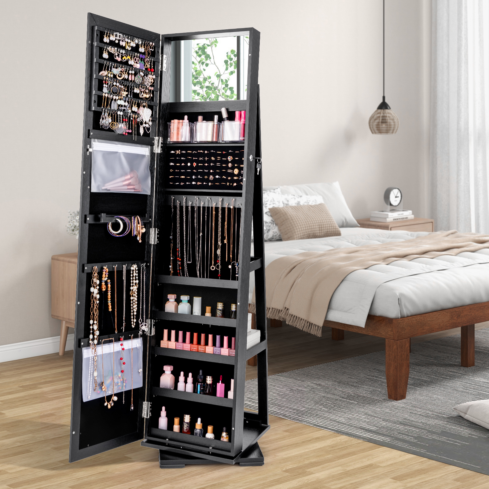 Image of Jewelry Cabinet With Full Length Mirror, Free Standing Swivel Jewelry Cabinet With 3 Storage Shelves, Lock