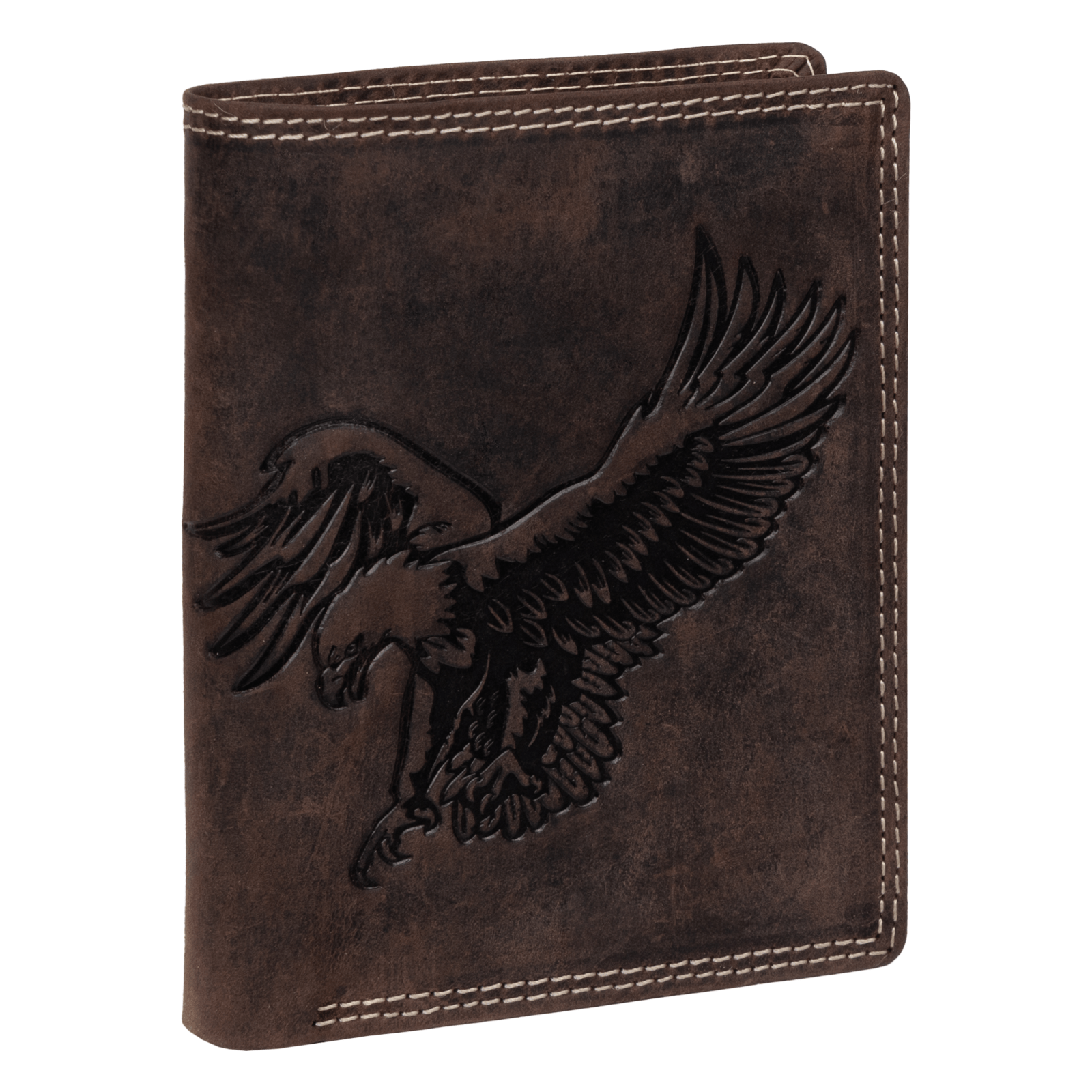 Men's Vertical Wallet With Rfid Protection, Genuine Buffalo Leather, Embossed Eagle Design In Brown, Including Zippered Security Compartment