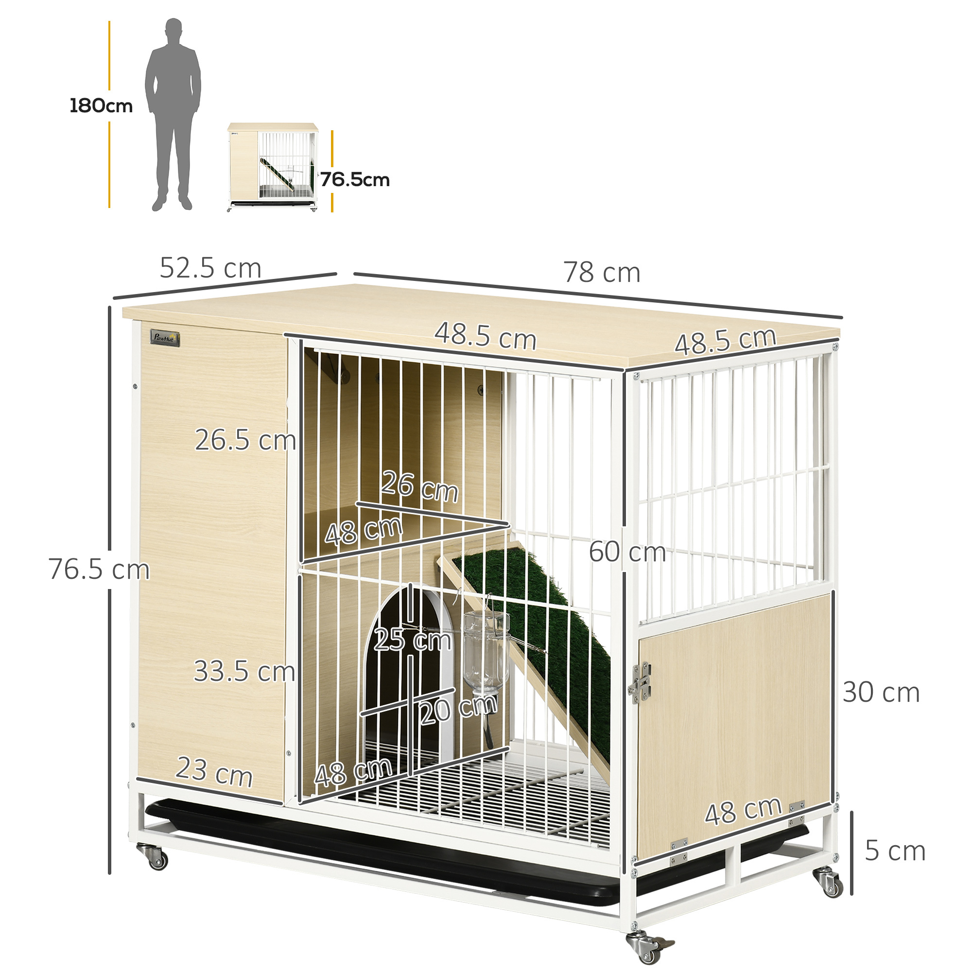 Pawhut Rabbit Cage H Hutch on Wheels with Opening Roof Platforms And Removable Tray - 78 X 52.5 X 76.5 Cm Natural