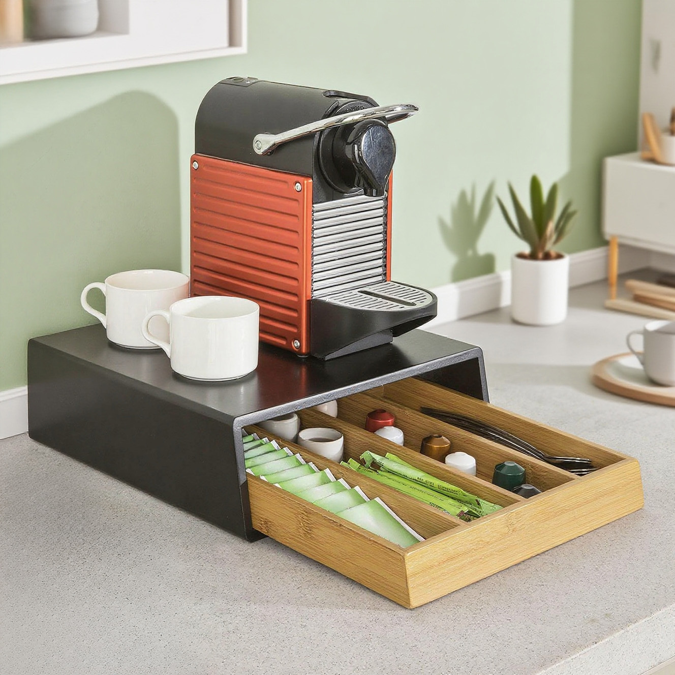 TEMU 1pc Boîte à thé en bois avec compartiments – Organisateur de sachets de thé ou capsules café – Rangement compact avec tiroir en bambou pour