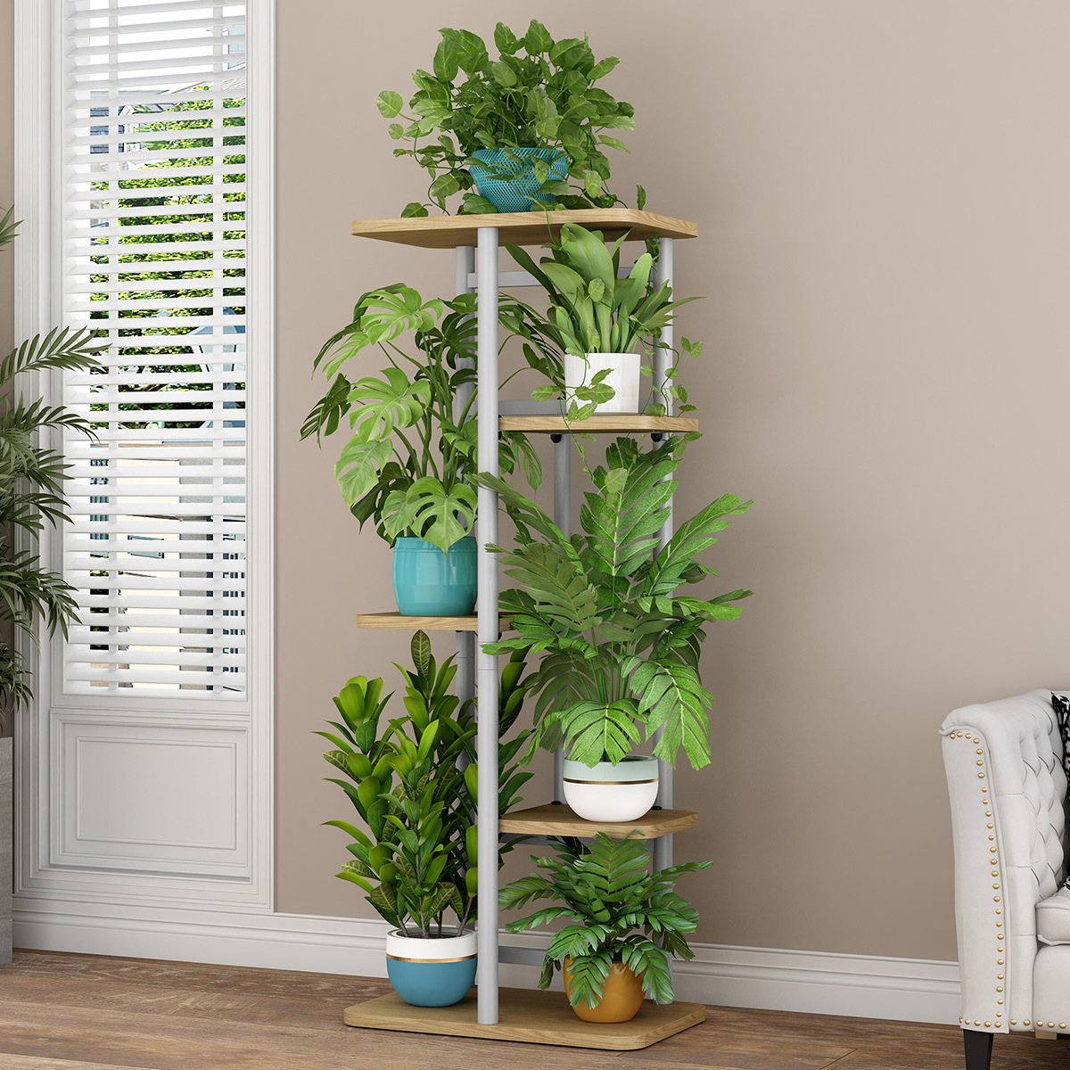 TEMU Indoor Metal Plant Stand, Plant Stand, Indoor Metal Flower Stand With Reinforced Wood Base, Layered Corner Plant Stand, Layered Plant Stand For