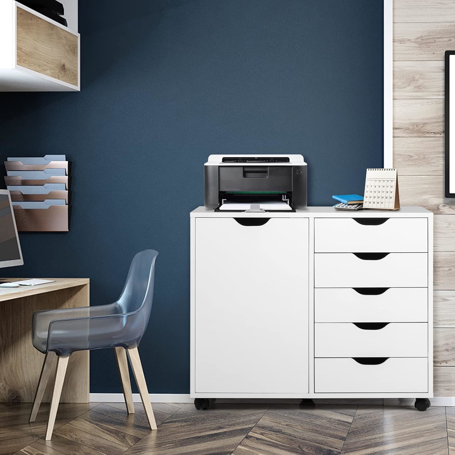 Image of Wood Dresser Chest, Rolling Storage Organizer With 5 Casters, Mobile Lateral Filing Cabinet, Printer Stand