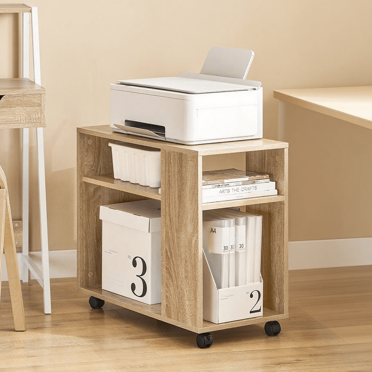 TEMU 1 Pc. Side Table With Wheels, 2-level With Shelves, Mobile Shelf For Living Room, Bedroom, Office, L70 X W35 X H60cm Natural - Gcu45-o