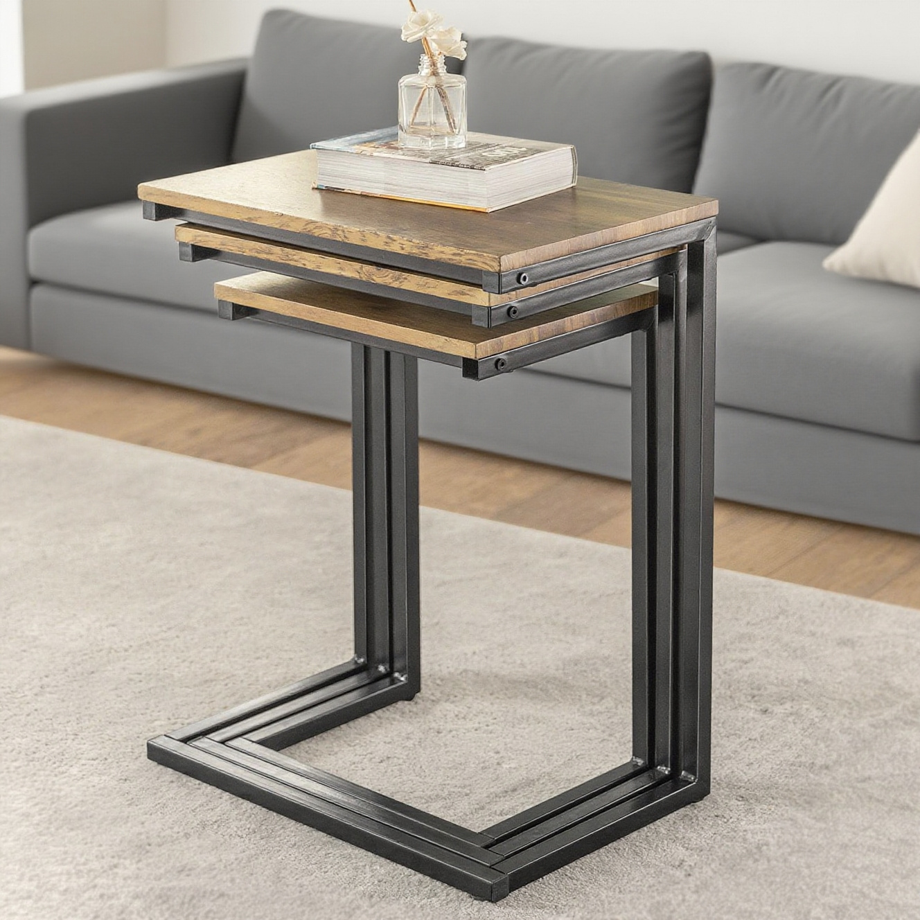 Image of Set Of 3 Side Tables, Modern Coffee Tables For The Living Room, Space- Design, Natural And Black, Fbt102-f