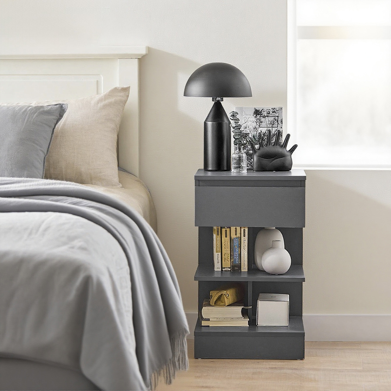 TEMU 1 Pezzo Comodino Mobiletto Comodino Tavolino Contenitore con 1 2 Ripiani Aperti di Archiviazione per Camera da Letto Soggiorno Monolocale Grigio
